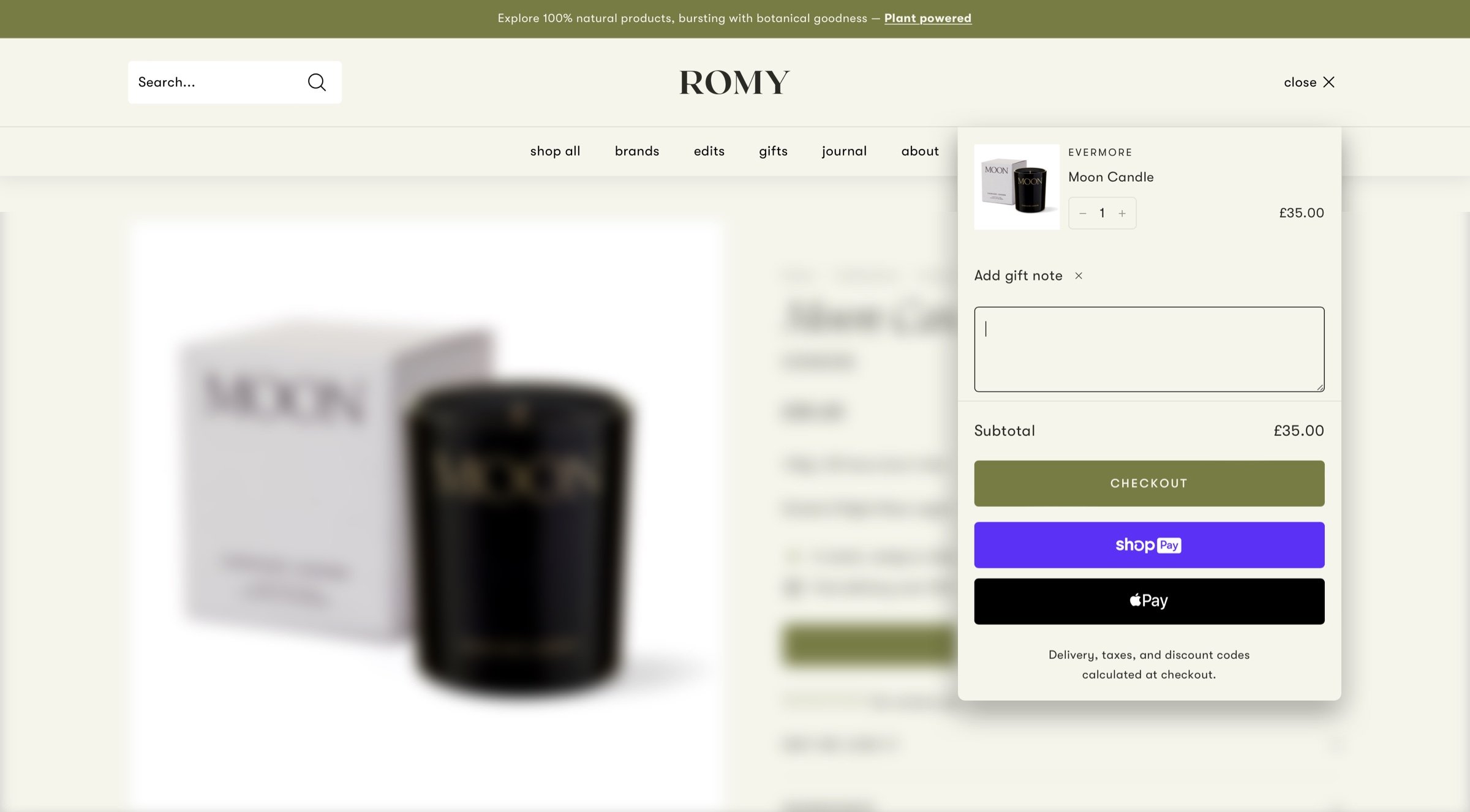 Accelerated checkout integration such as Apple Pay, Google Pay and Shop Pay for further conversion rate optimisation. Gift note functionality too.