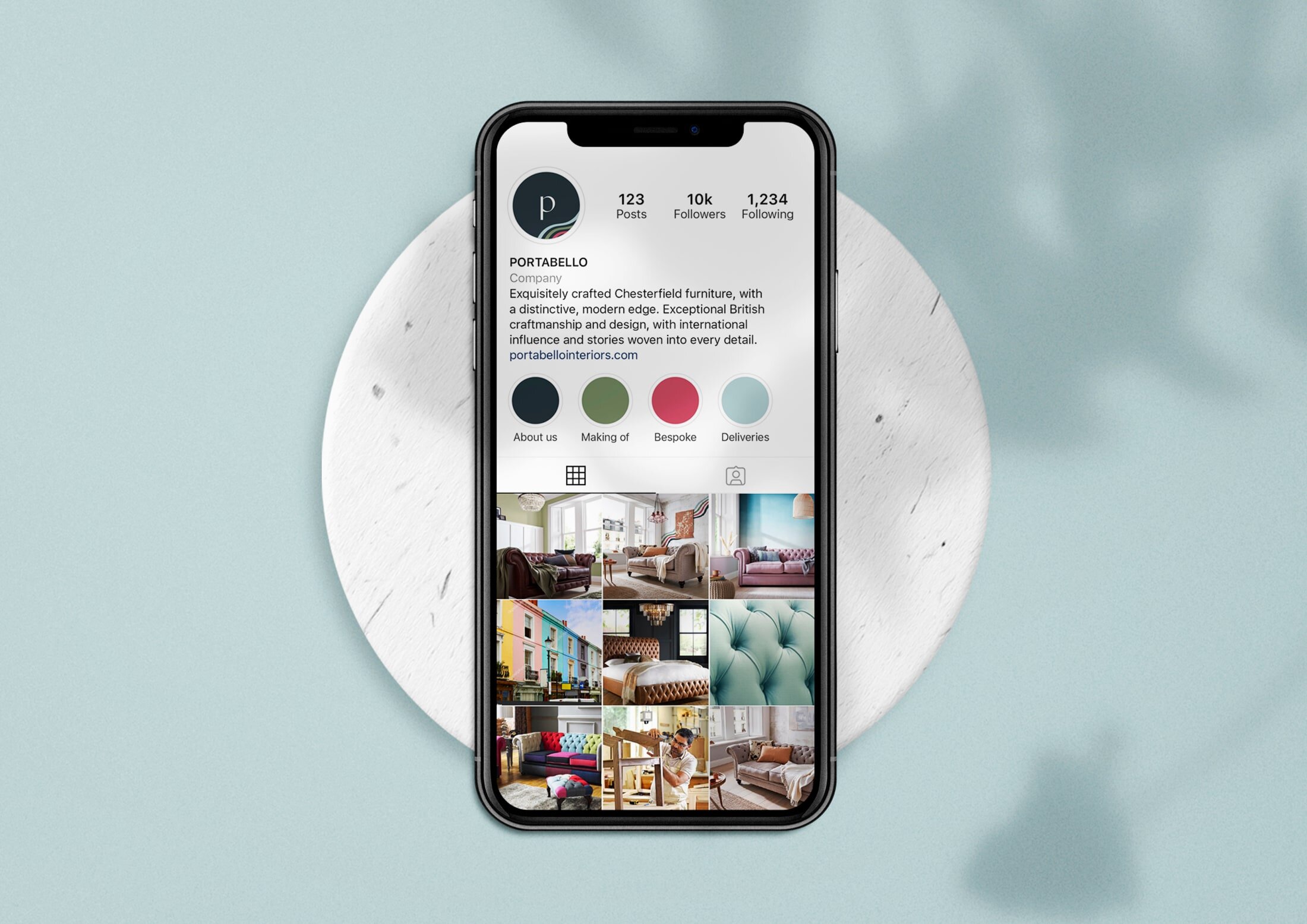 The brand’s social media presence is aspirational, creative and inspiring. Showcasing the company’s bespoke nature, alongside behind the scenes images and lifestyle imagery, the feed images provide inspiration and insight into how Portabello’s produc