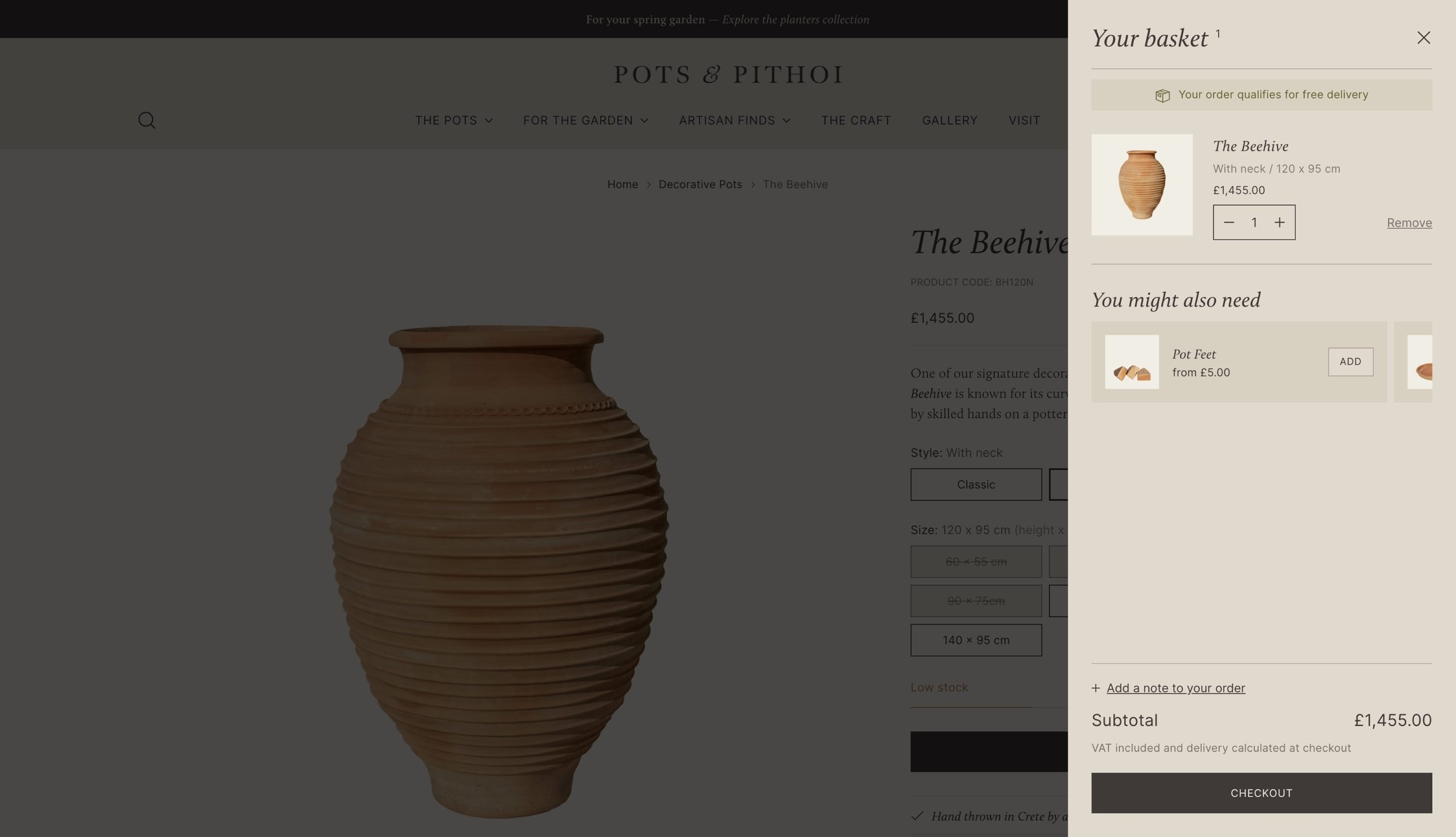 Basket messaging increases average order values by promoting free delivery over a specific amount, as well as promoting up-sell products such as pot feet, stands and more.
