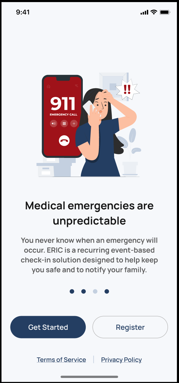 A woman is on the phone, appearing worried or stressed, next to a large smartphone displaying an emergency call screen with '911'. The background shows a minimalistic room with abstract art and indoor plants. The message on the screen highlights the unpredictability of medical emergencies and introduces ERIC, a check-in solution to notify family during emergencies.