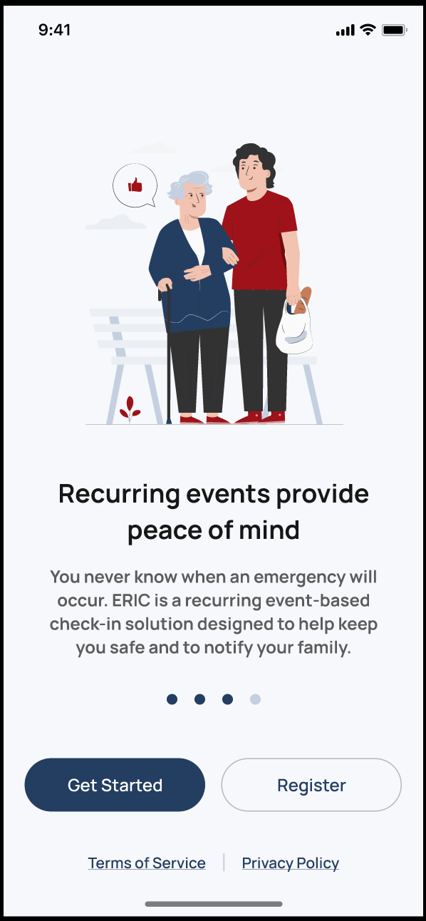 Illustration of a young man helping an elderly woman with a cane on a park bench, with a speech bubble showing a thumbs-up icon, promoting safety and notification solutions for emergencies.