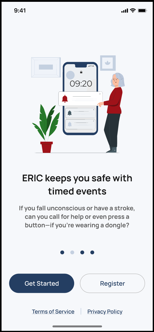 A mobile phone screen displays a promotional app for ERIC, which provides timed safety events and emergency assistance. The screen shows the time 9:41, with options to get started or register, and an illustration of a woman with gray hair, a red sweater, and dark pants standing next to a large smartphone with notifications and a plant in a red pot.