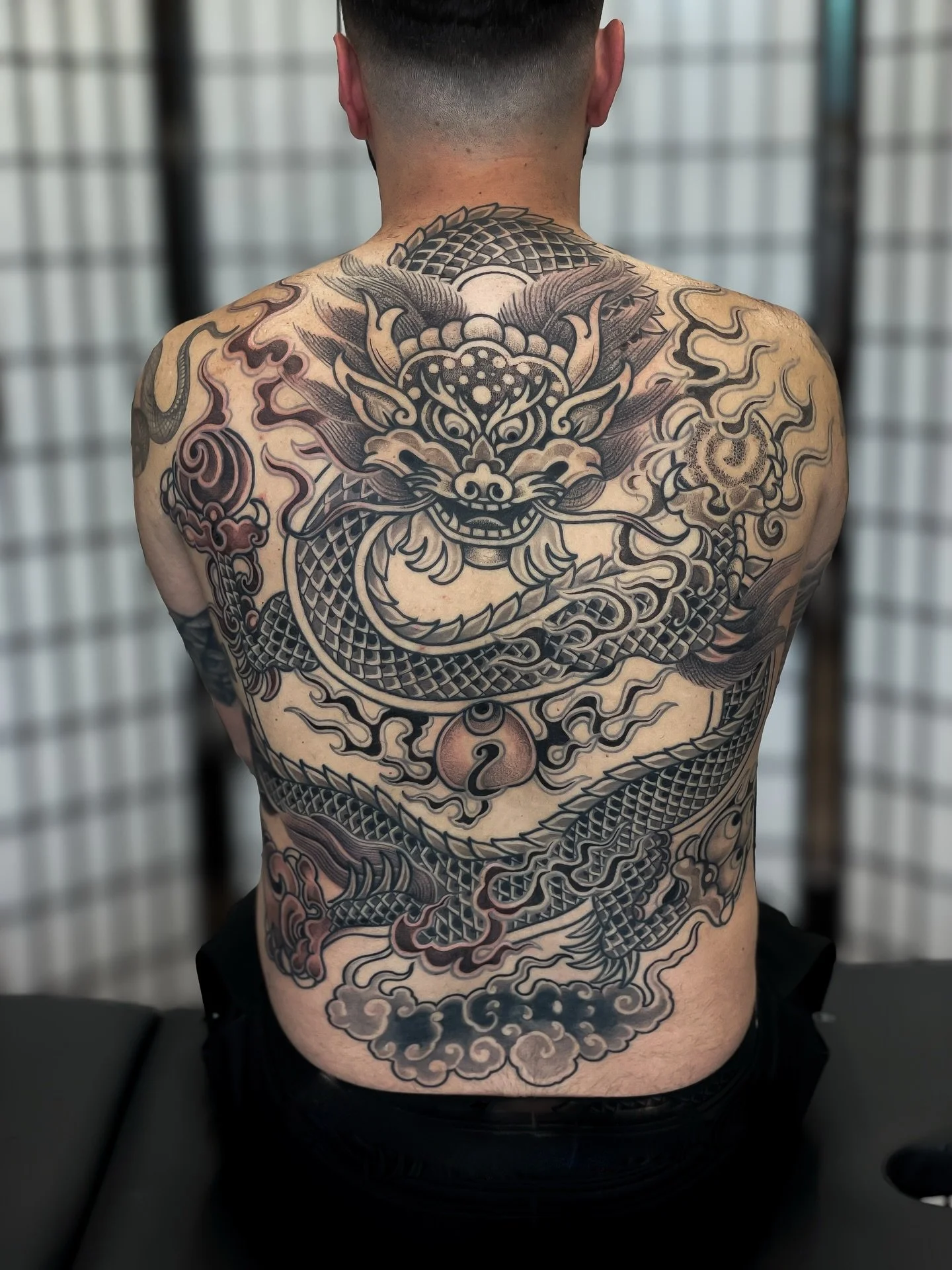 Tibetan dragon back piece. 
Booking large scale projects for March.

#backpiecetattoo #dragontattoo #ornamentaltattoo