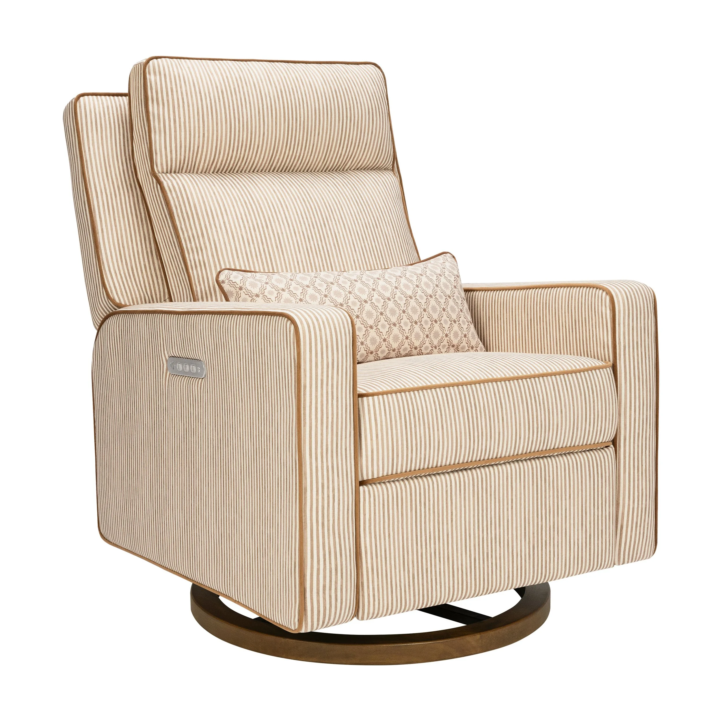 Babyletto Sigi Pro Power Recliner and Swivel Glider with Power Adjustable Headrest and Lumbar Support by Nate Berkus | Performance Bronze Stripe Eco-Crossweave w/Toffee Base