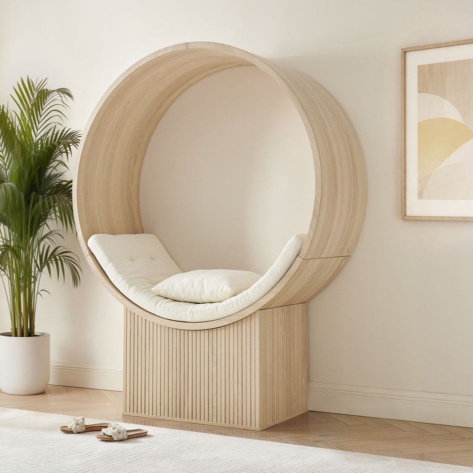 Aperture Round Alcove Accent Chair in Natural Ivory

Designed as a sculptural circular statement chair, this architectural ring accent chair blends artful form with comfortable seating. Perfect for making a statement or a fun furniture piece for you 