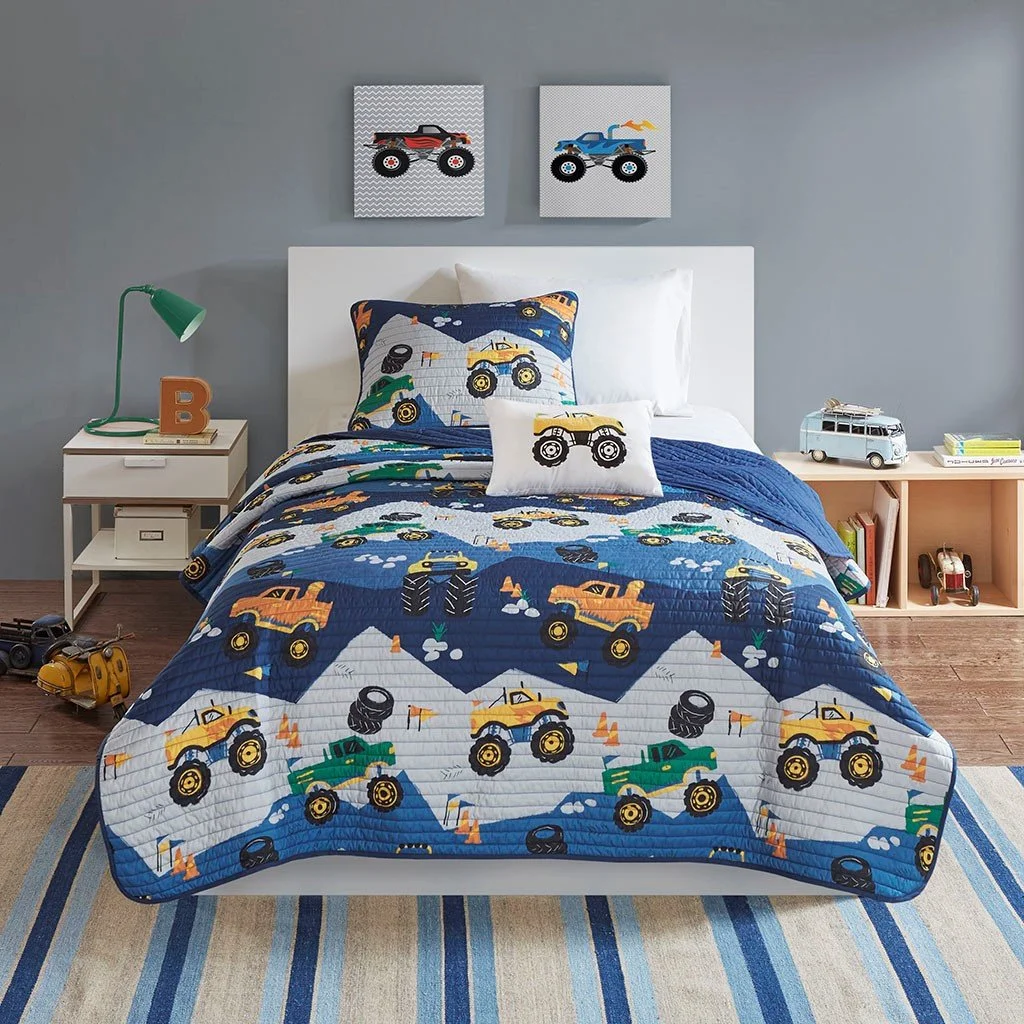 Nash Monster Truck Reversible Quilt Set with Throw Pillow by Intelligent Design Kids | Blue