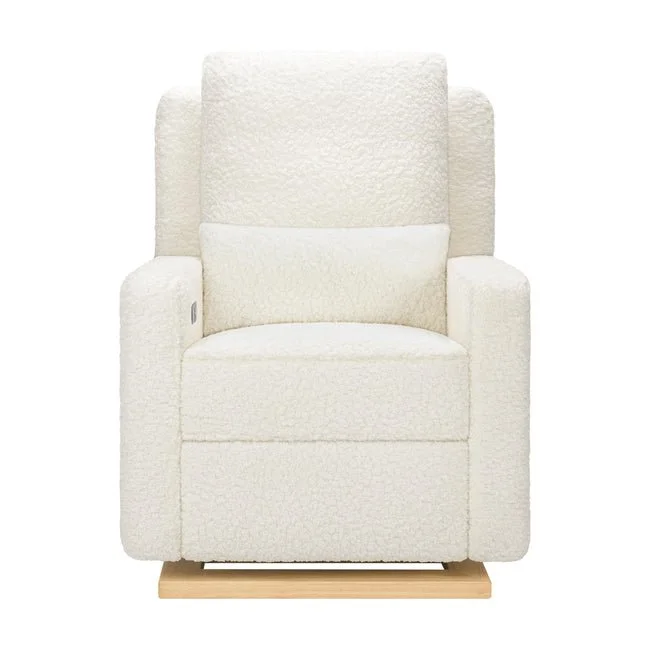 Babyletto Sigi Electronic Recliner and Glider with USB Port | Cream Shearling with Light Wood Base