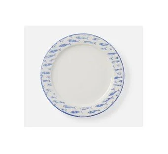 Gideon Dinnerware Set | Coastal White Stoneware with Blue Fish