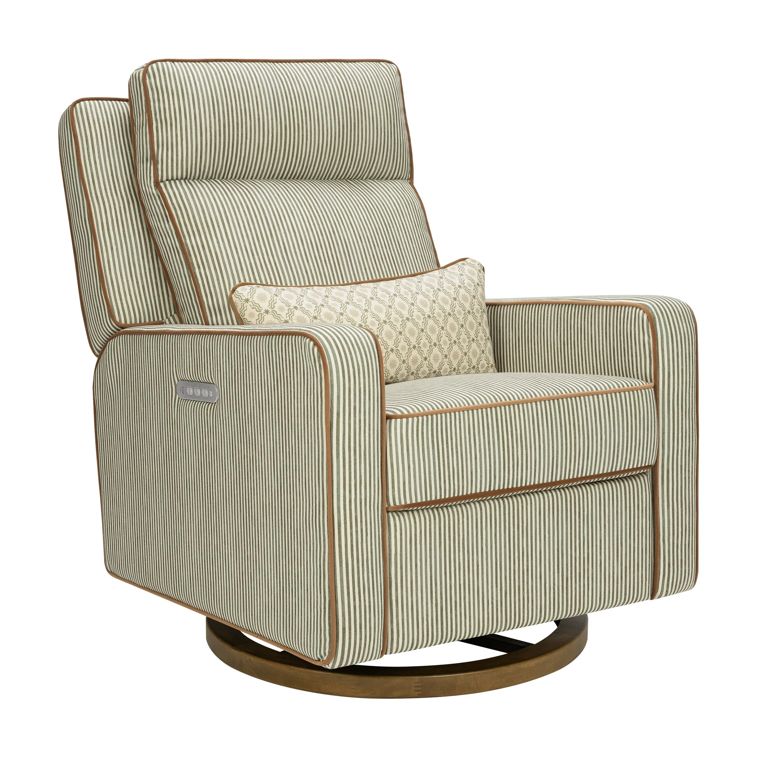 Babyletto Sigi Pro Power Recliner and Swivel Glider with Power Adjustable Headrest and Lumbar Support by Nate Berkus | Performance Olive Stripe Eco-Crossweave with Toffee Base