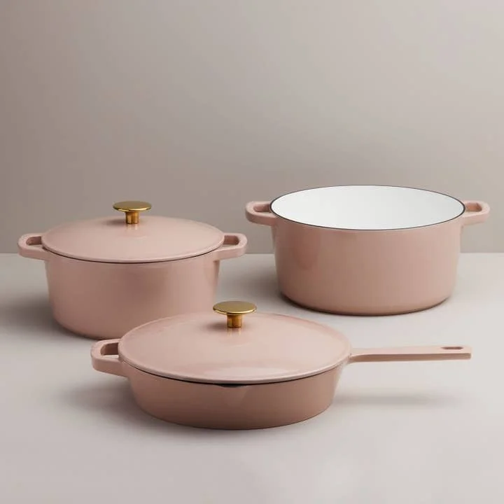 Milo 5-Piece Cast Iron Cookware Set | Dusty Pink + Gold Knob