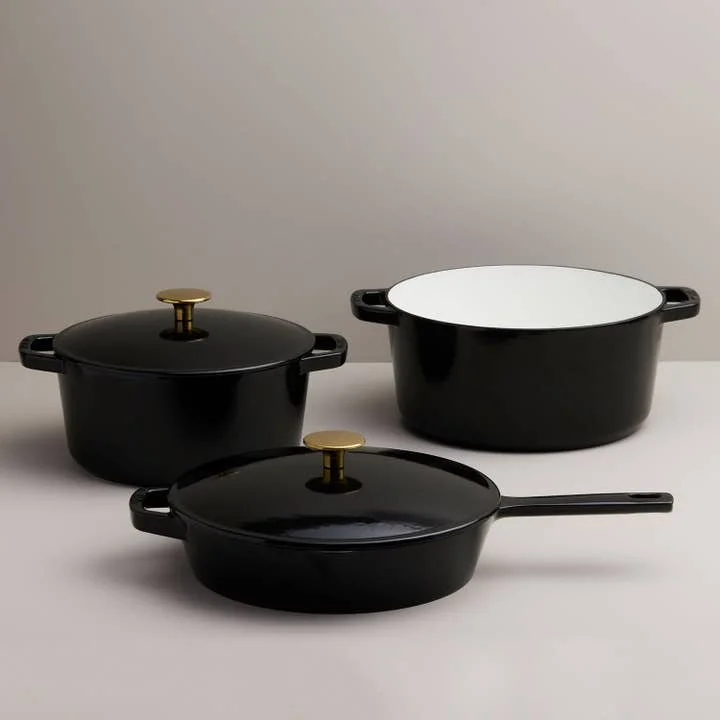 Milo 5-Piece Cast Iron Cookware Set | Black Gloss + Gold Knob