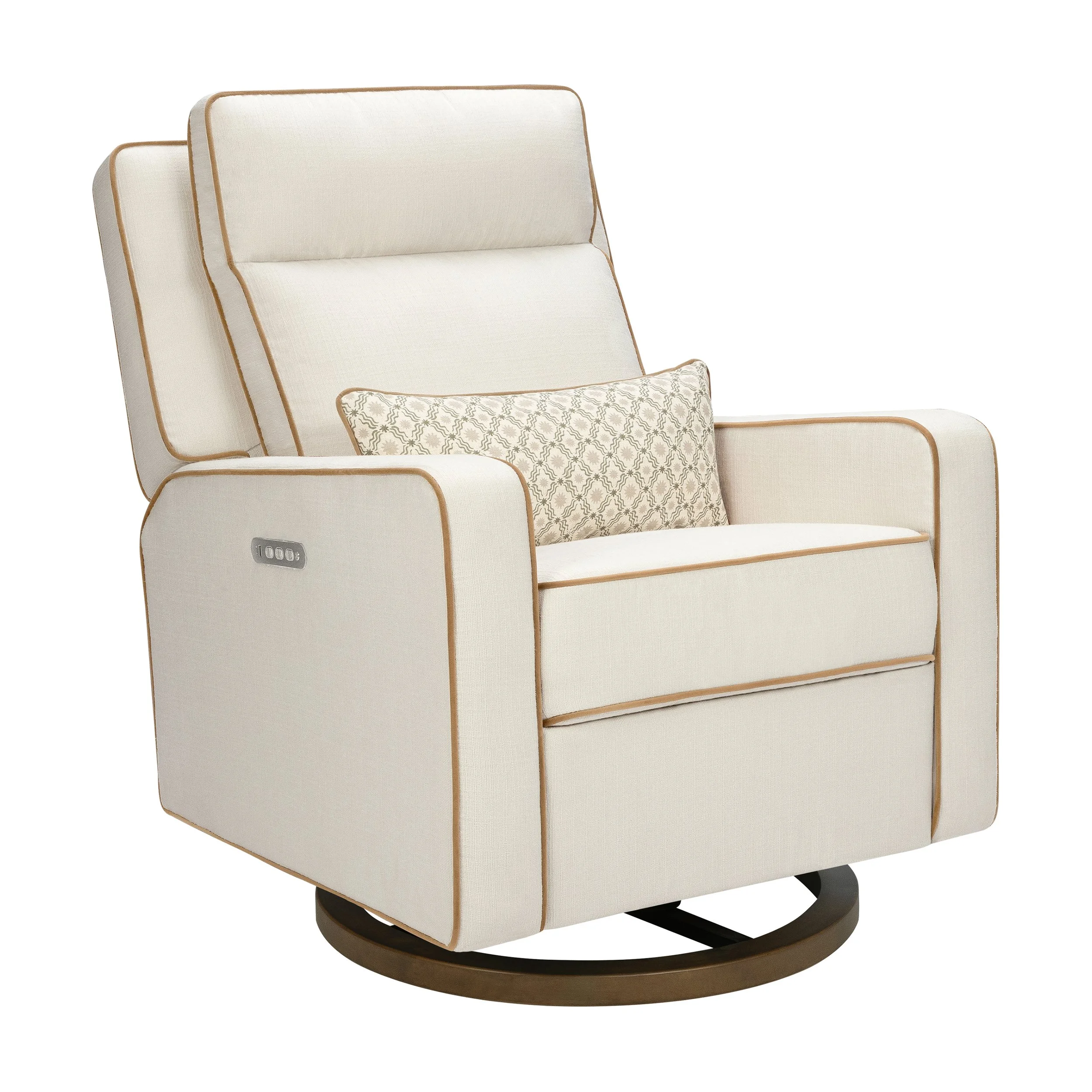 Babyletto Sigi Pro Power Recliner and Swivel Glider with Power Adjustable Headrest and Lumbar Support by Nate Berkus | Performance Cream Linen w/ Toffee Base