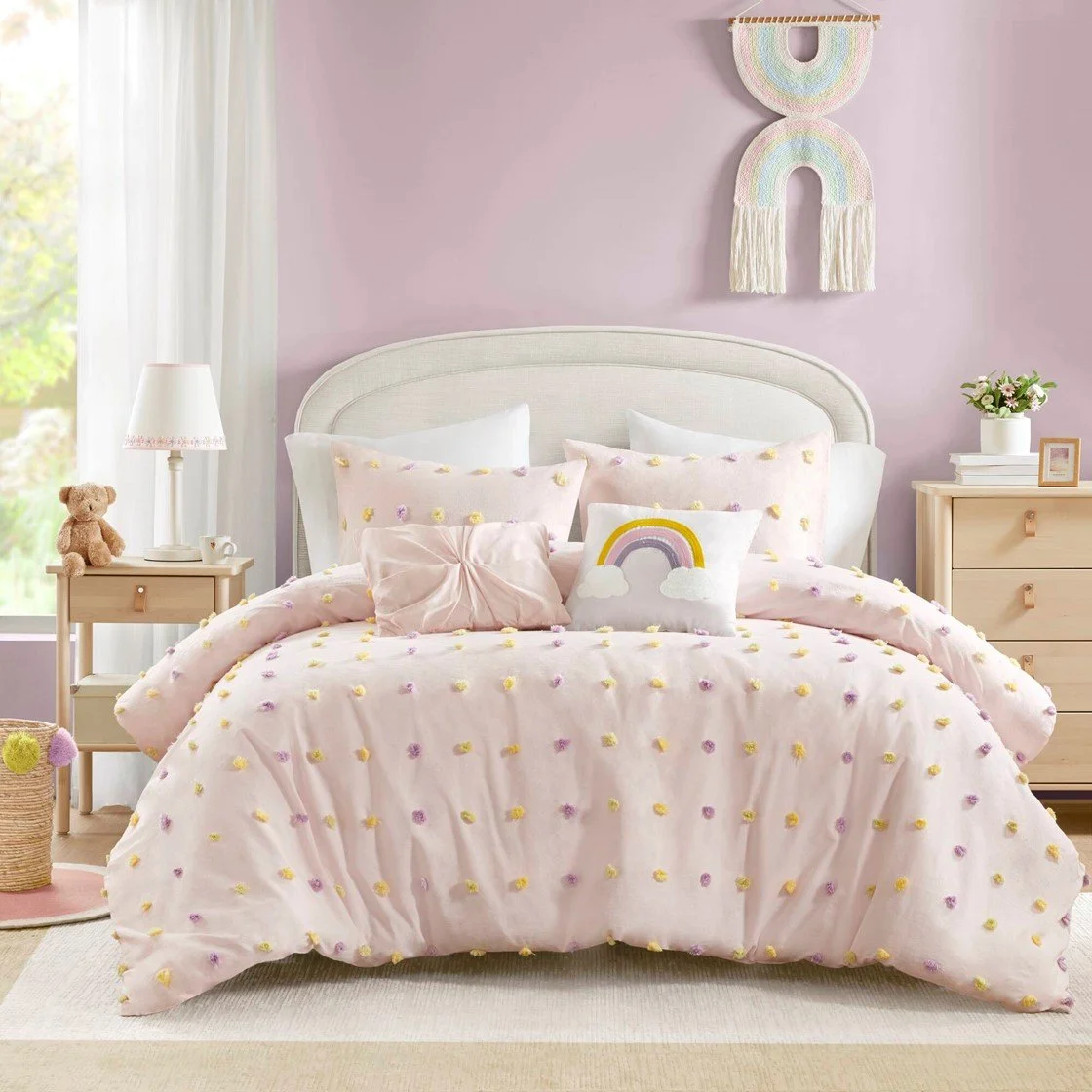Callie Cotton Jacquard Pom Pom Comforter Set | Pink Multi-Color