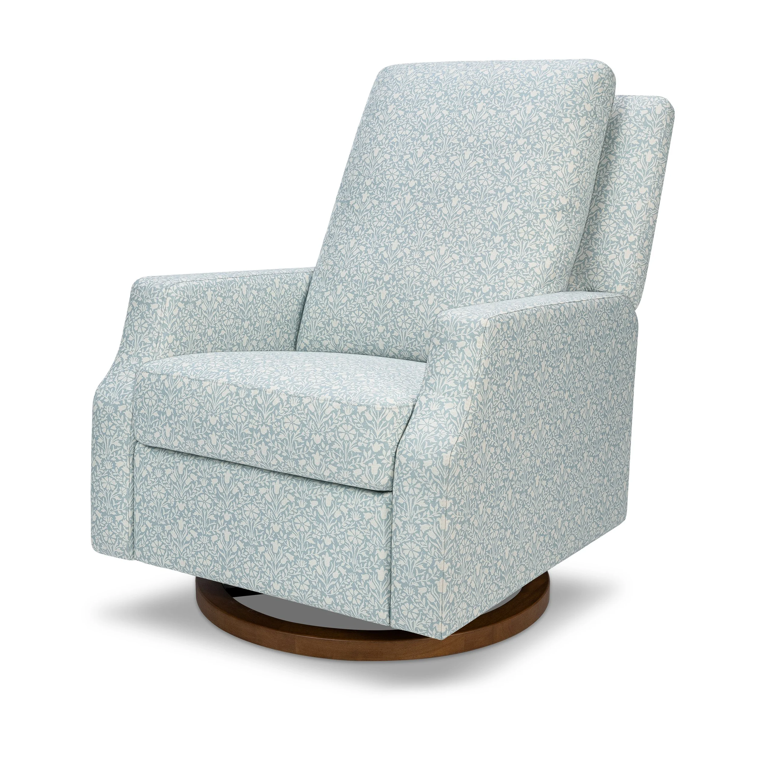Morris & Co. x Namesake Crewe Recliner and Swivel Glider | Bellflowers in Powdered Blue Performance Eco-Weave with Dark Wood Base