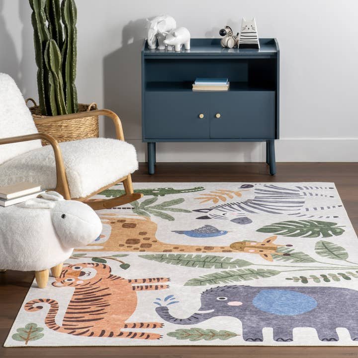 Zia Splashguard Graphic Machine Washable Area Rug | White + Multicolor
