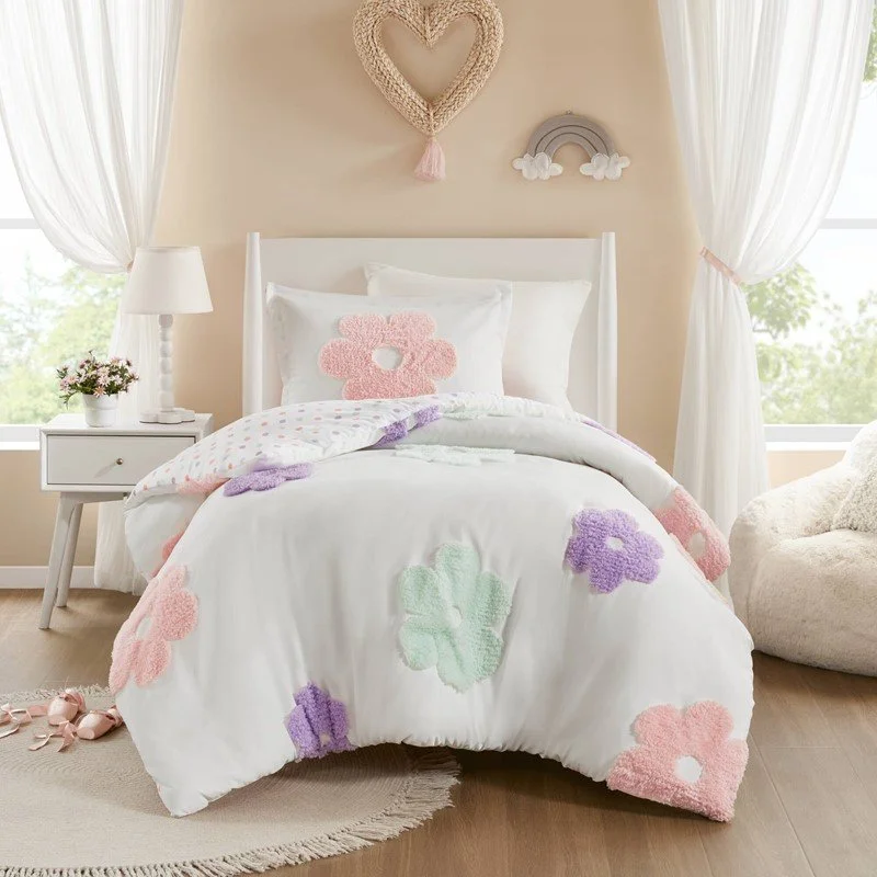 Gracie Floral Reversible Tufted Chenille Duvet Cover Set by Urban Habitat Kids White + Purple