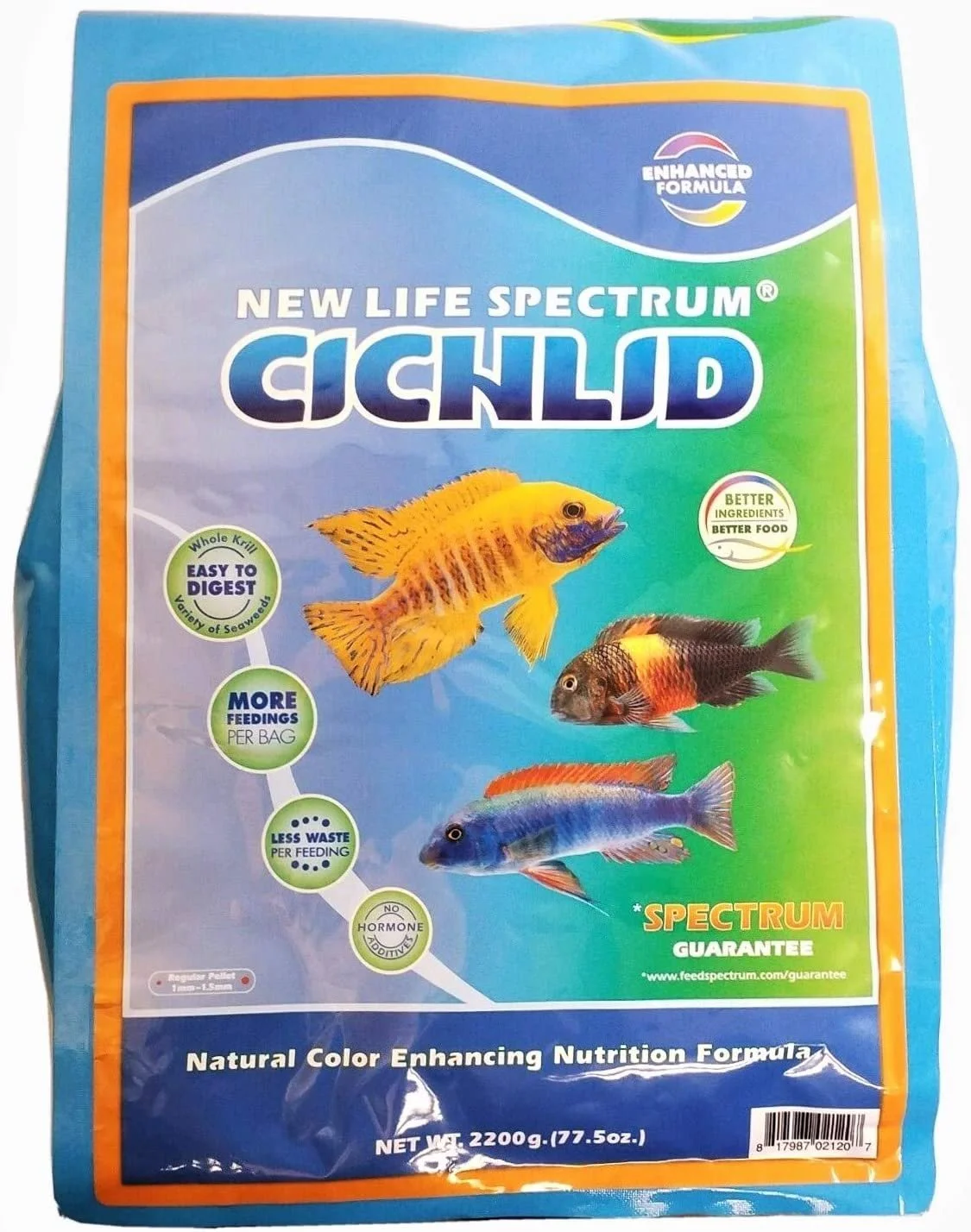 New Life Spectrum Cichlid Formula Sinking 2200g Bag 1-1.5mm Sinking Pellets, with 1/4-lb California Blackworm & Ultra Intense Coloring Mixed Size Pellets Included