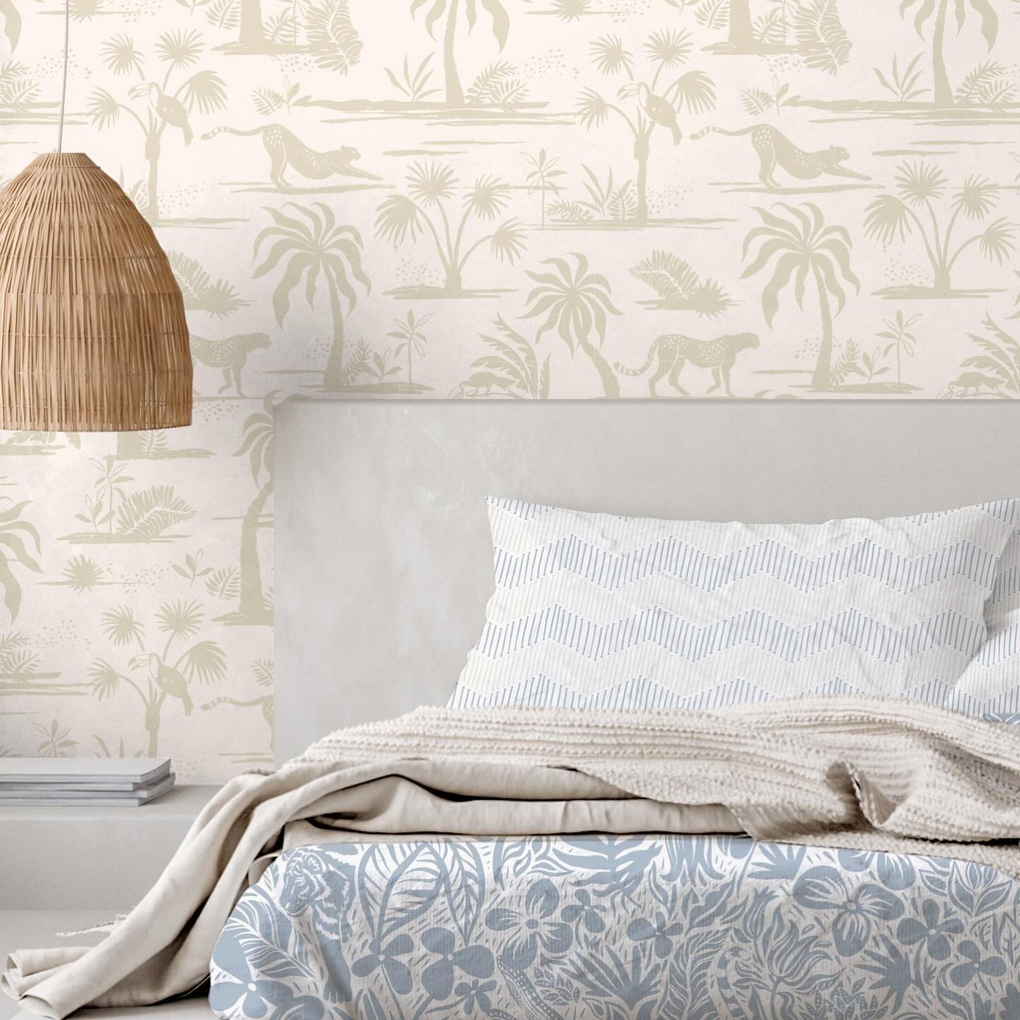 I love making beautiful pairings: My PARADISE FOUND wallpaper @greenplanet.wallpaper pairs with my VIVA OASIS Iceblue Whitewisp Duvet cover and ZIG ZAG AlabasterIceblue Sheets @spoonflower. 
#bedroomdecor #wallpaperandbedding #perfectpairs #coordinat