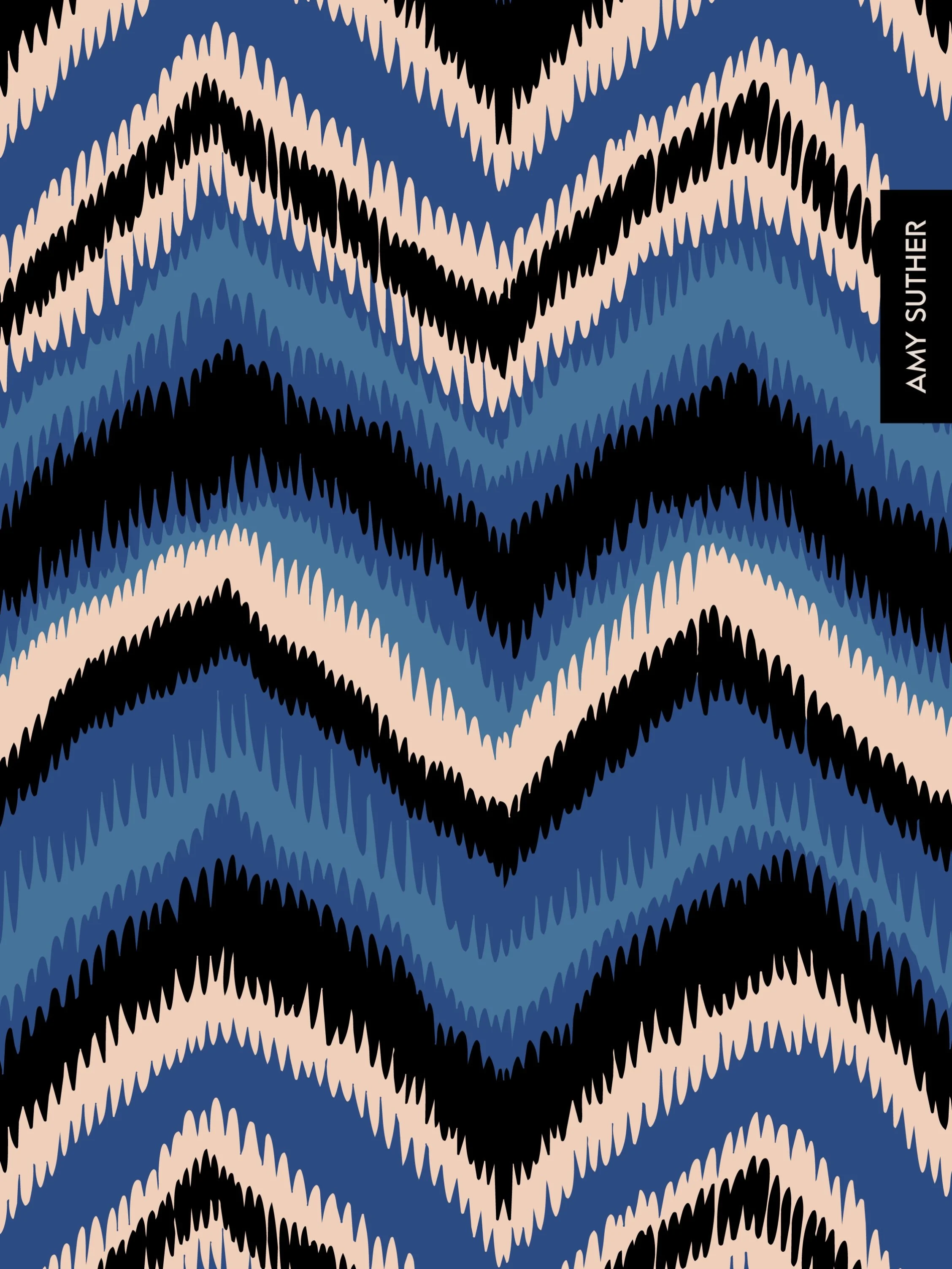 Loving creating lines. Beauty in the edges. Surface patterns available for licensing. AmySuther.com
#zigzags #funkystripes #bluesandblack #surfacepatterndesign #artlicensing
