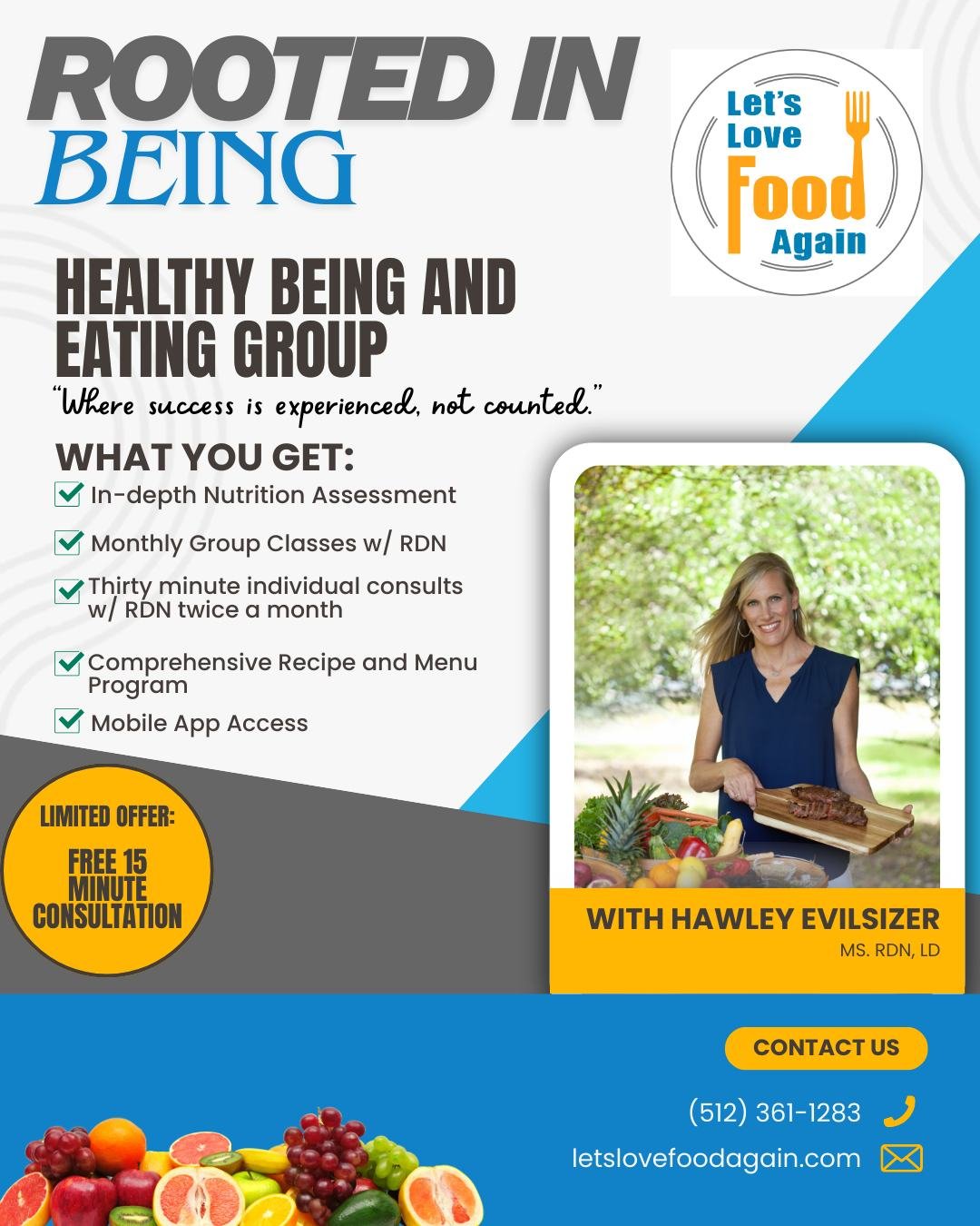 Rooted In BEing: Healthy BEing and Eating Group🍇 

New program now launched at letslovefoodagain.com !!!

#RegisteredDietitian
#DietitianApproved
#EvidenceBasedNutrition
#ScienceBasedNutrition
#NutritionCounseling
#FunctionalNutrition 
#SustainableH