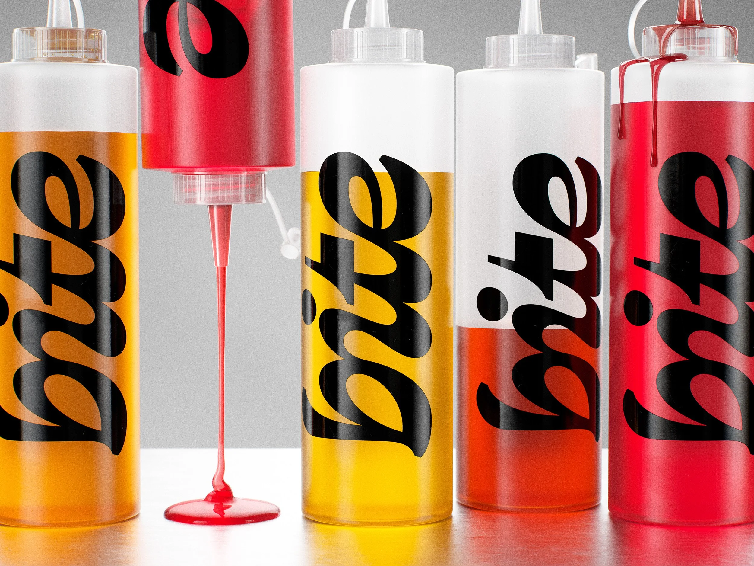 A collection of spray paint cans in yellow, white, and red, with some cans leaking red paint and a red ink nozzle dripping red paint.