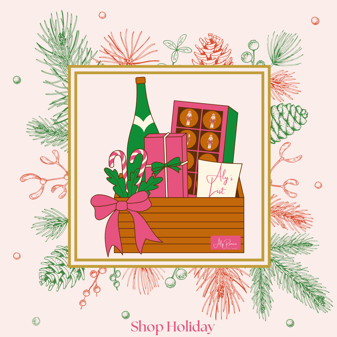 A holiday gift basket containing a bottle, decorated candy canes, poinsettia leaves, pink wrapped gift, and assorted chocolates, all with a pink bow, set against a background of green and red holiday foliage and dots. Text at the bottom reads 'Shop Holiday'.