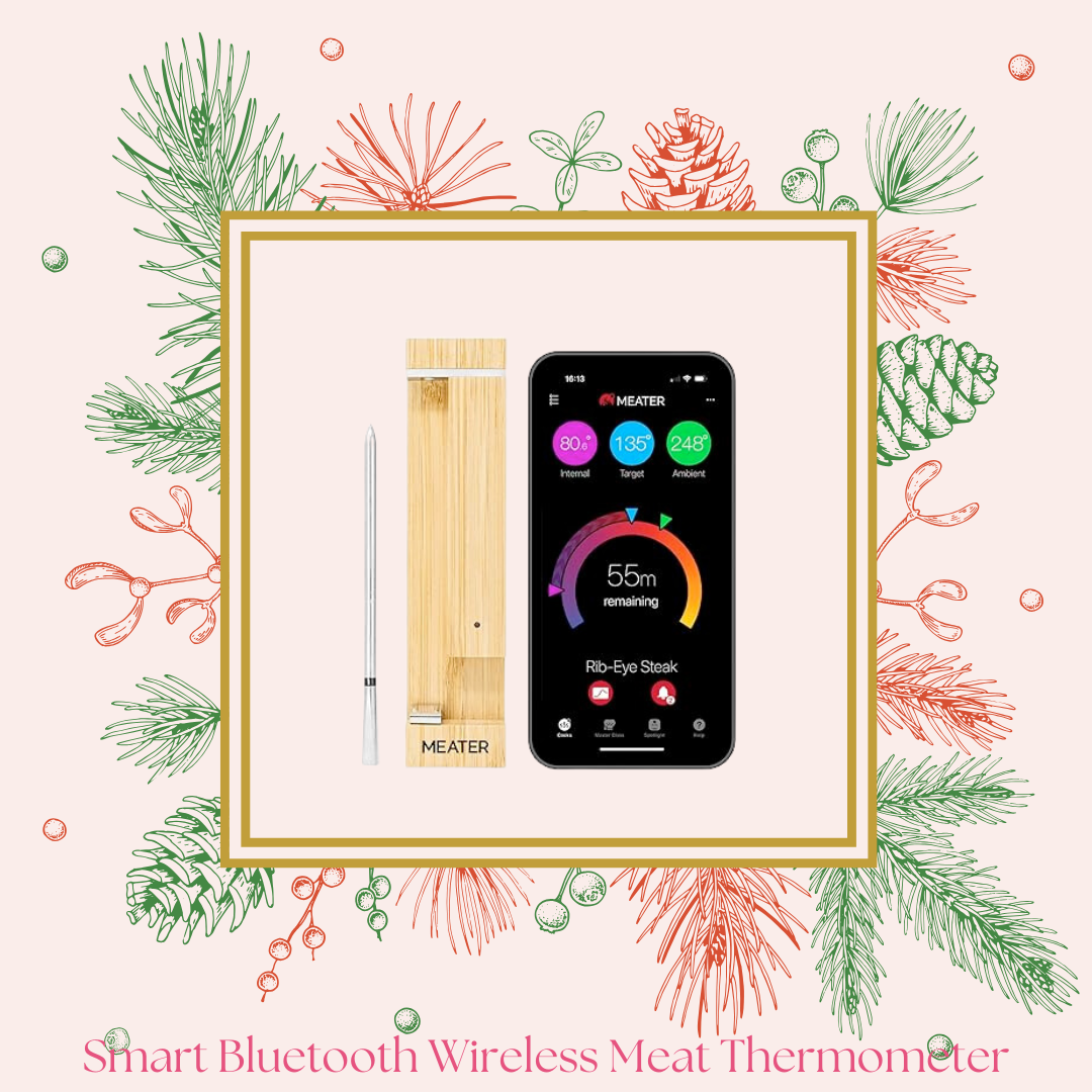 A smart Bluetooth wireless meat thermometer kit including a digital probe, wooden storage box, and a smartphone app with temperature controls, set against a festive holiday background with green and red pine illustrations.