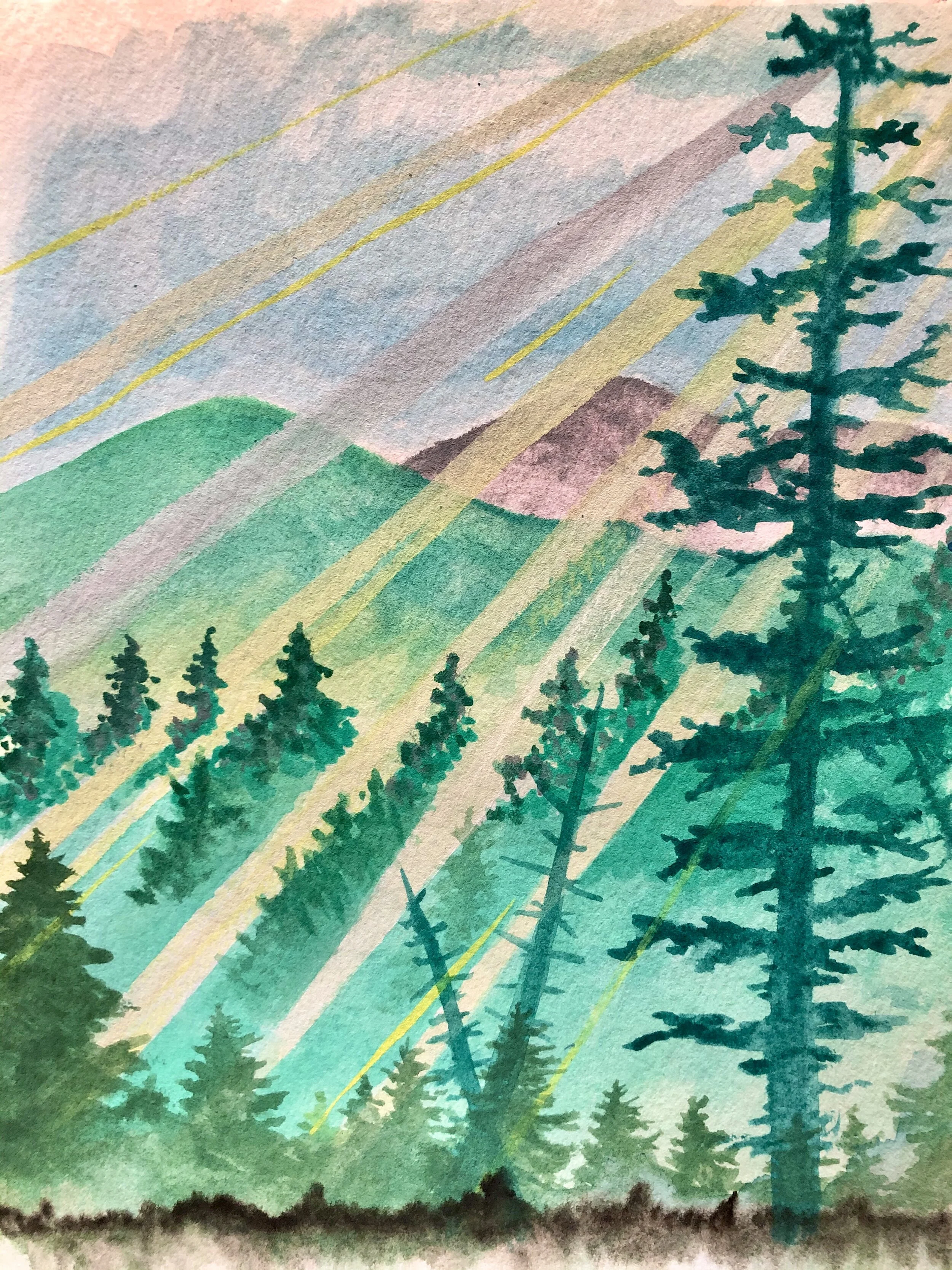 Forest-watercolor-sunrays-mountains