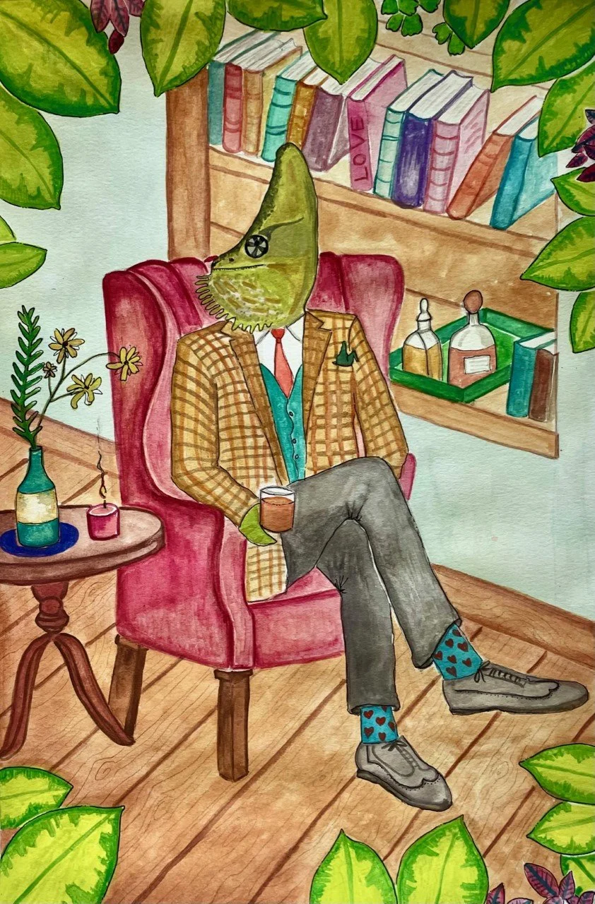 Chameleon Reptile dressed in a suit drinking whiskey
