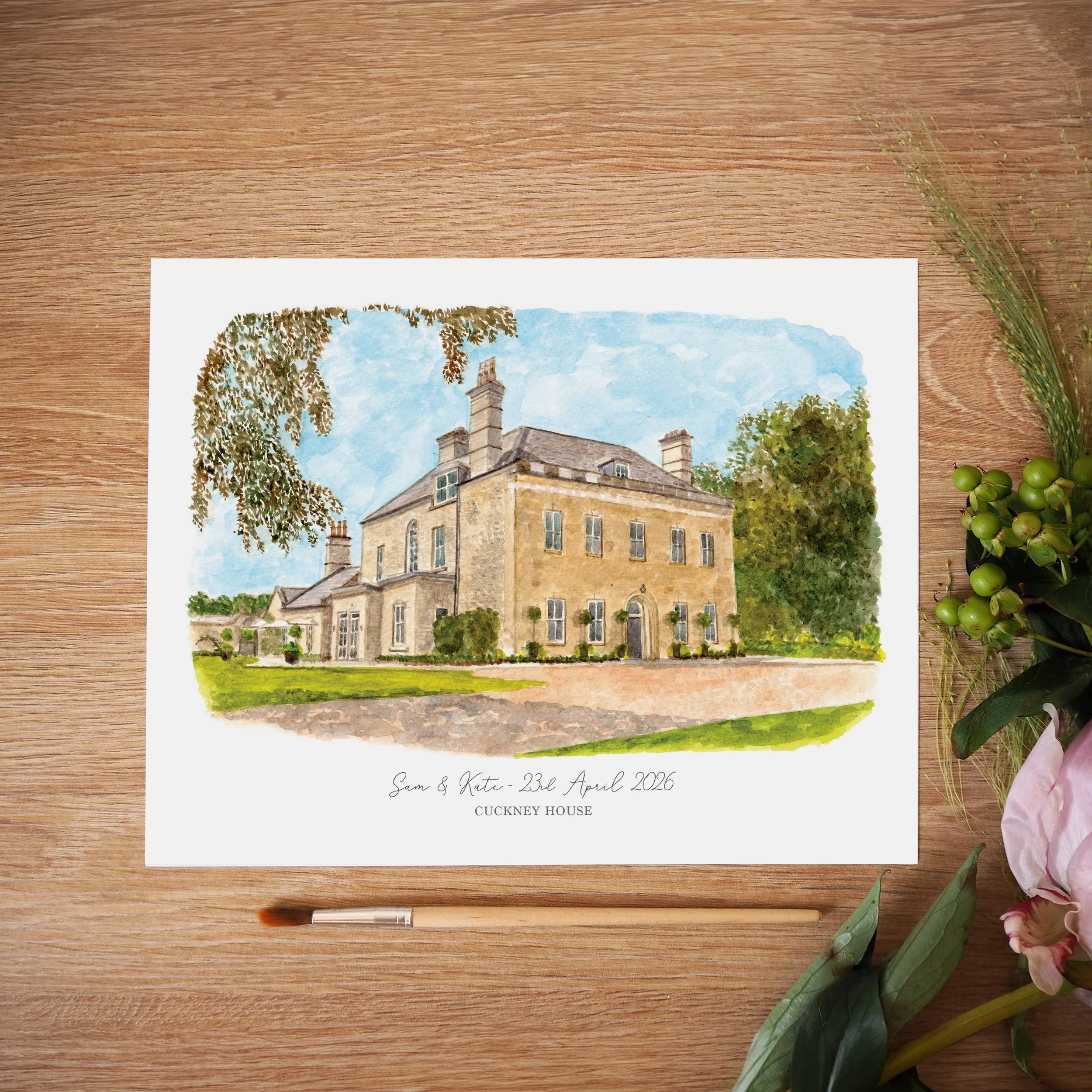 An unframed personalised print of a watercolour illustration of wedding venue Cuckney House