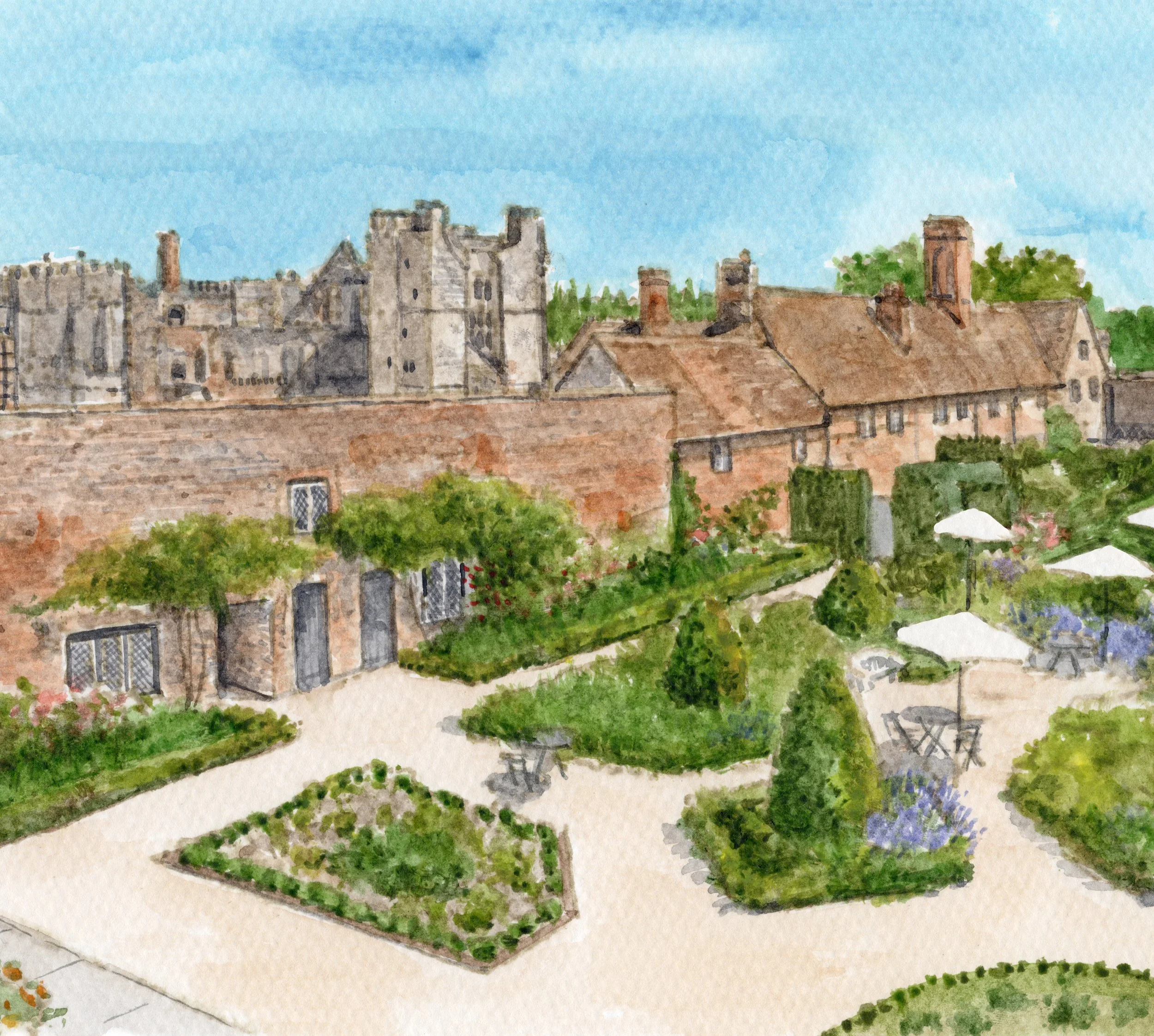 a watercolour illustration of wedding venue The Walled Garden at Cowdray