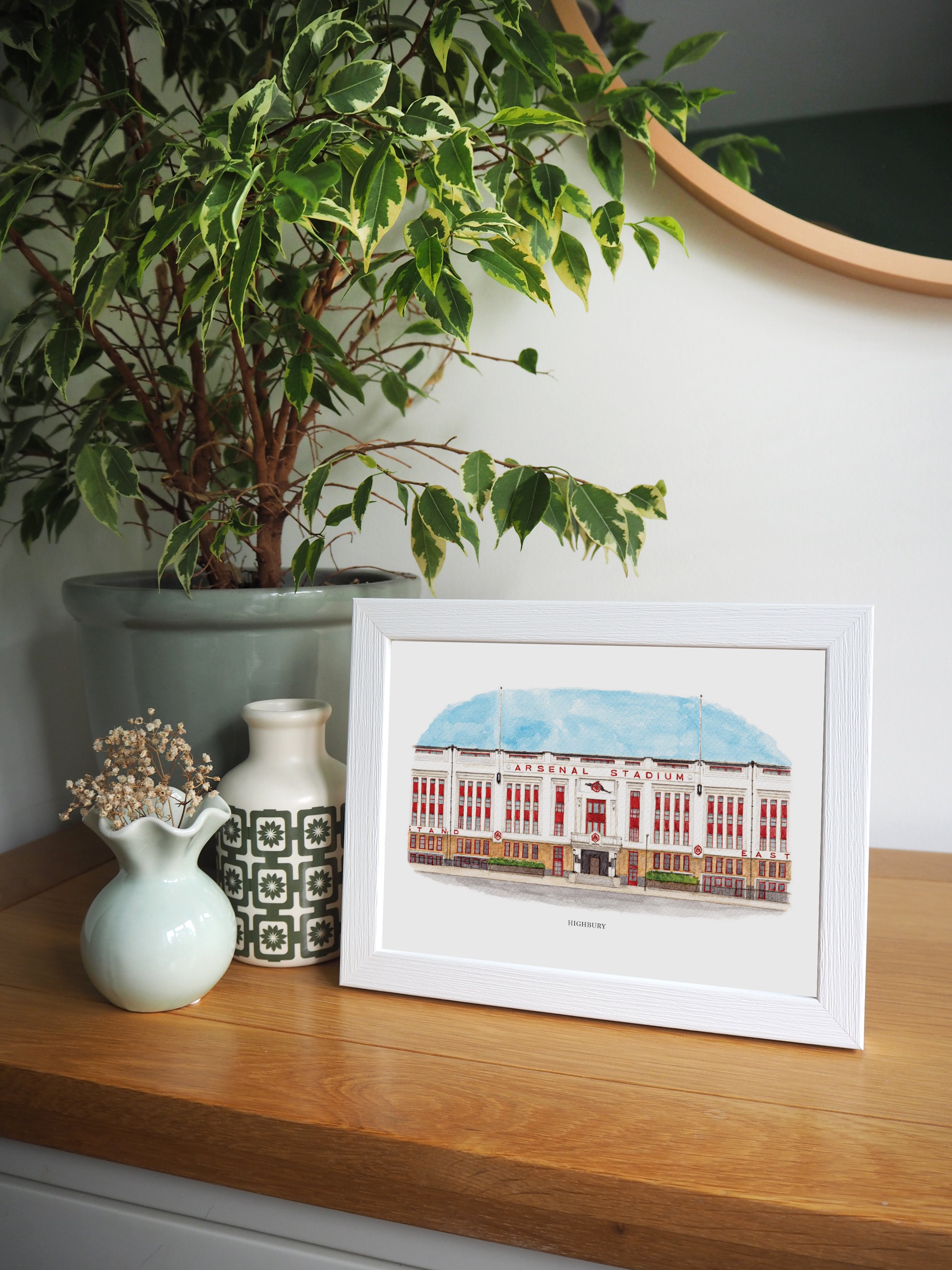 A framed personalised print of a watercolour painting of Highbury (Arsenal Stadium)
