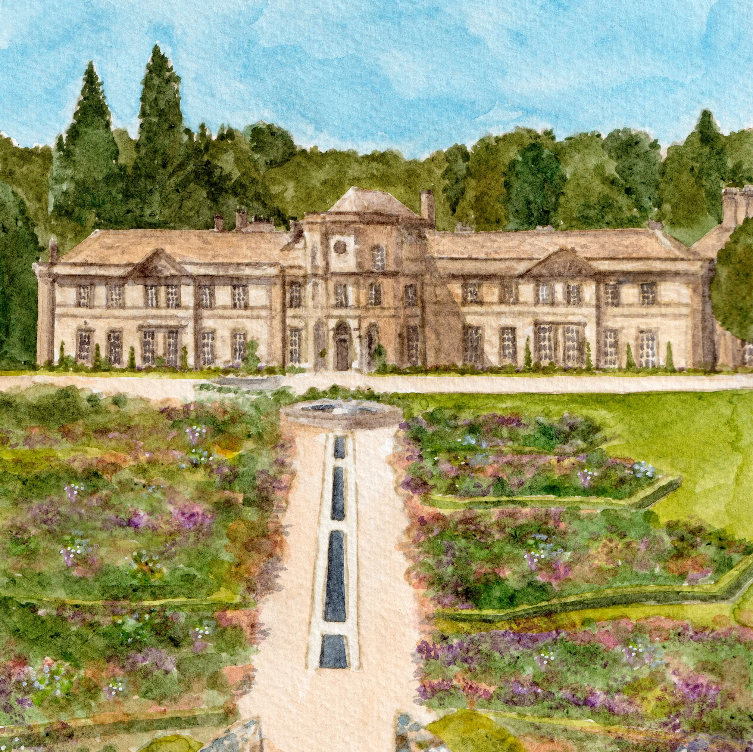 a watercolour illustration of wedding venue Grantley Hall in Yorkshire