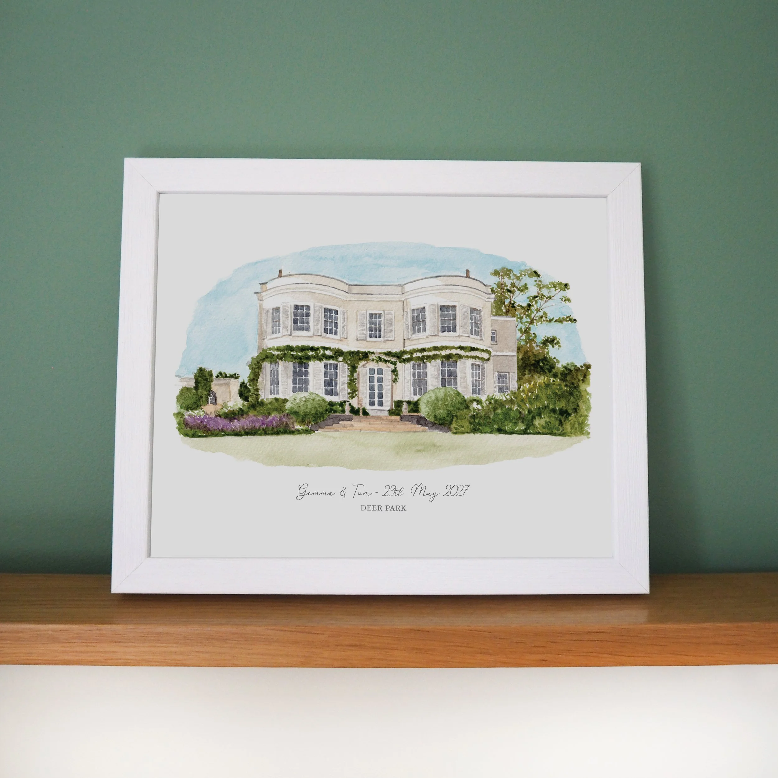 A framed personalised print of a watercolour illustration of wedding venue Deer Park in Devon