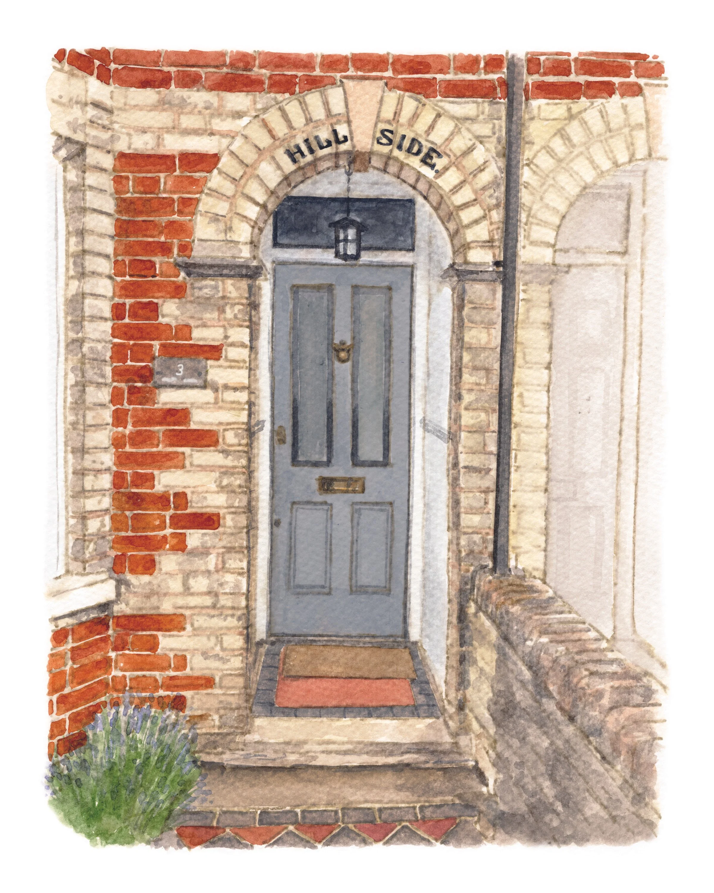 A watercolour front door portrait of a grey front door with brick surround and tiled path