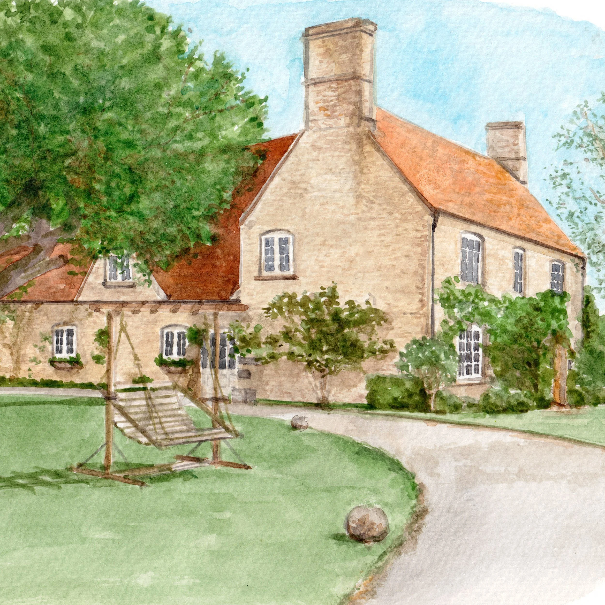 a watercolour painting of wedding venue Stratton Court Barn