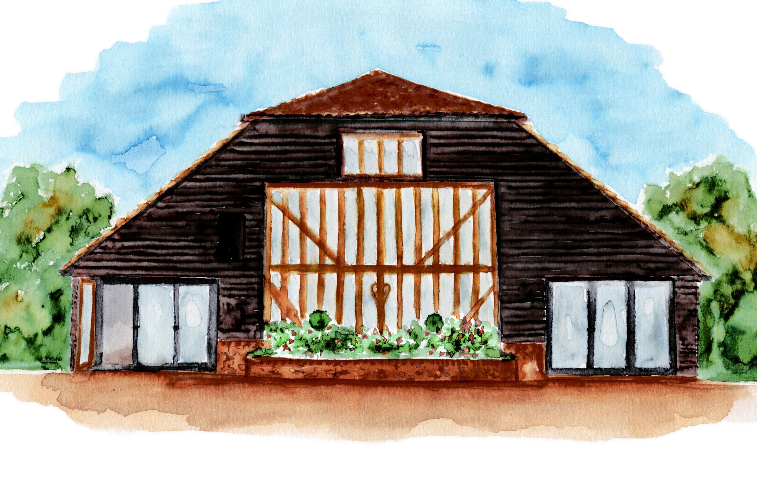 a watercolour illustration of wedding venue blake hall (hay barn)
