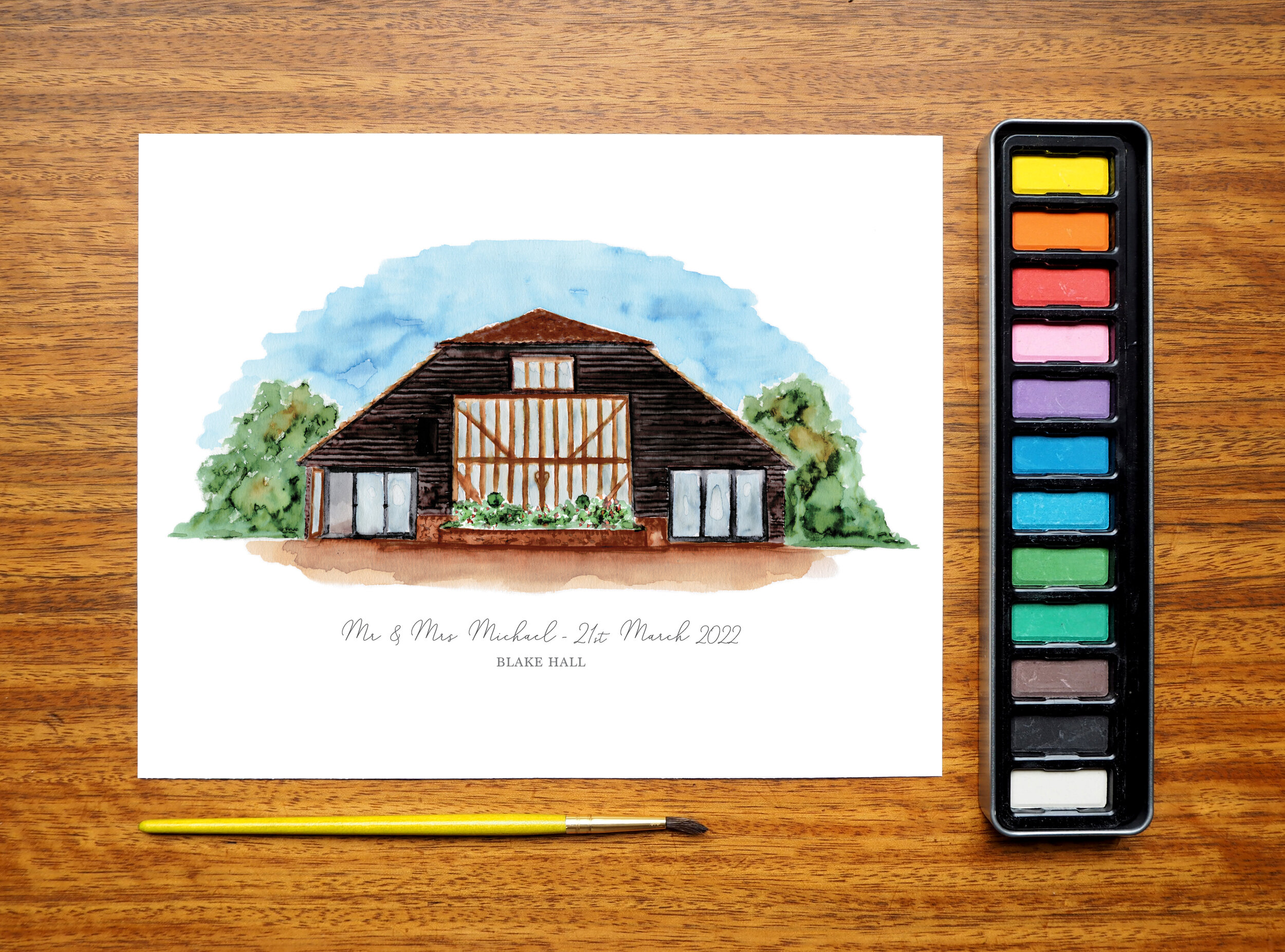 An unframed personalised print of a watercolour illustration of wedding venue blake hall (hay barn)