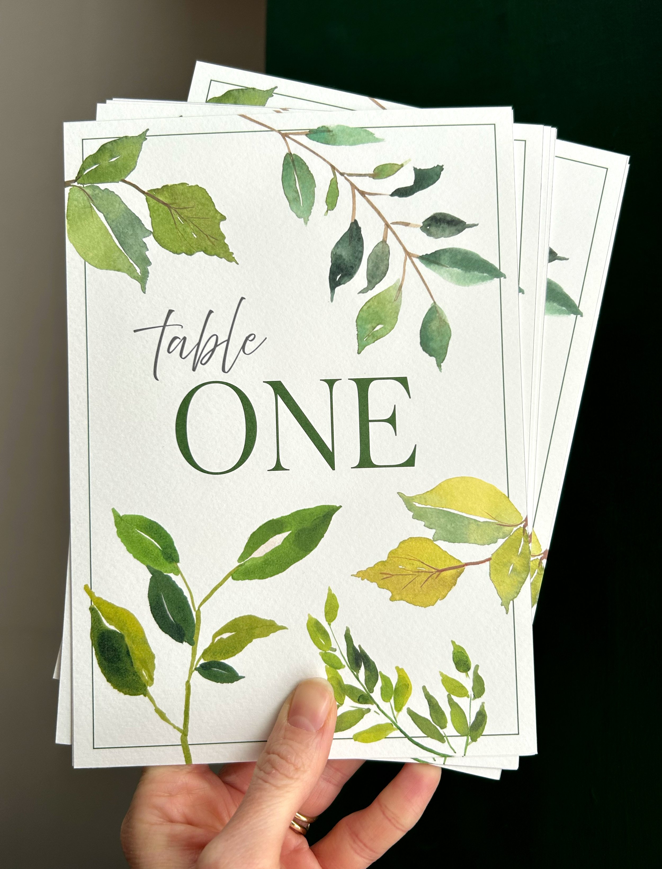 wedding table numbers with watercolour foliage design