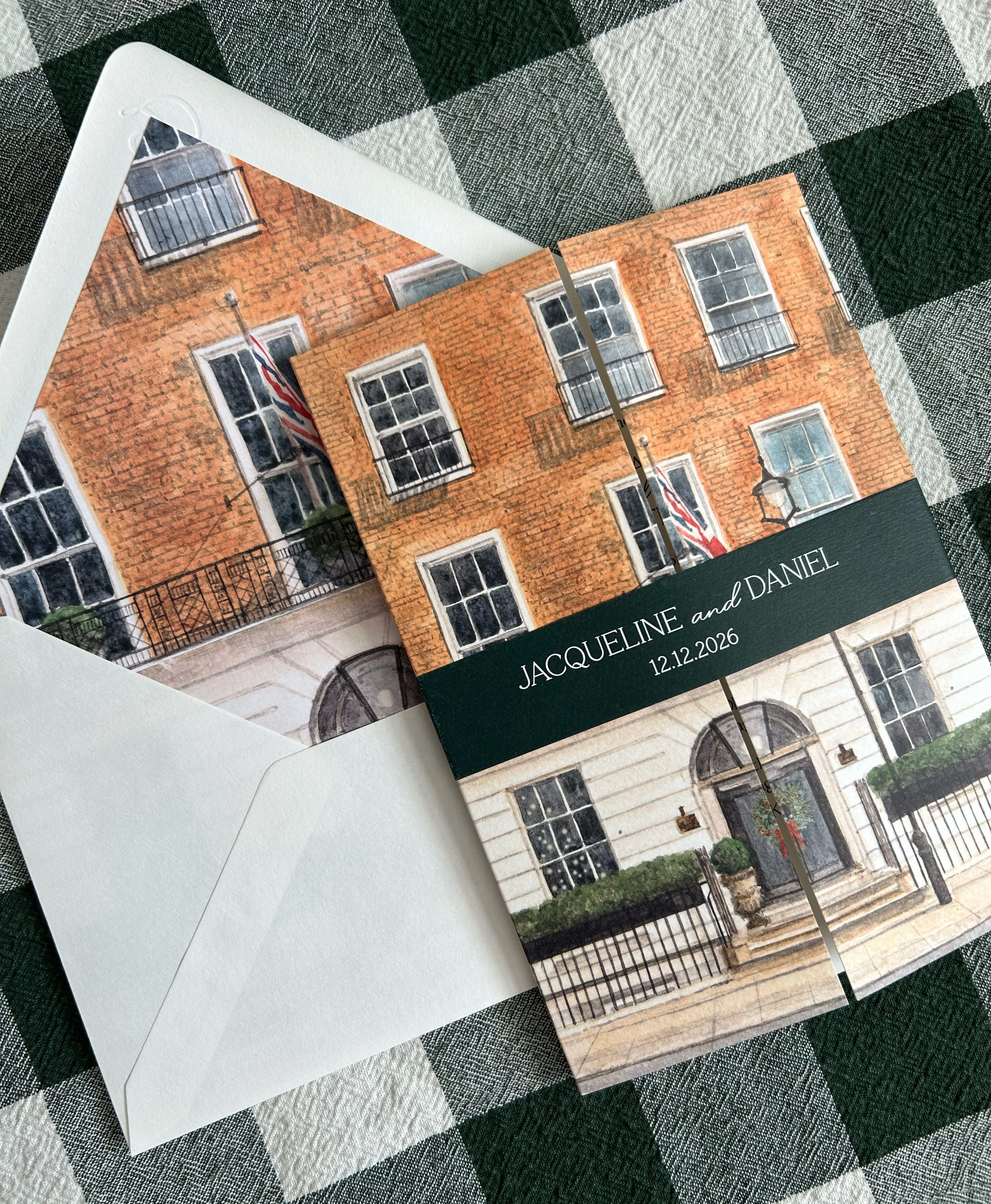 gatefold wedding invitation with watercolour venue illustration and envelope liner