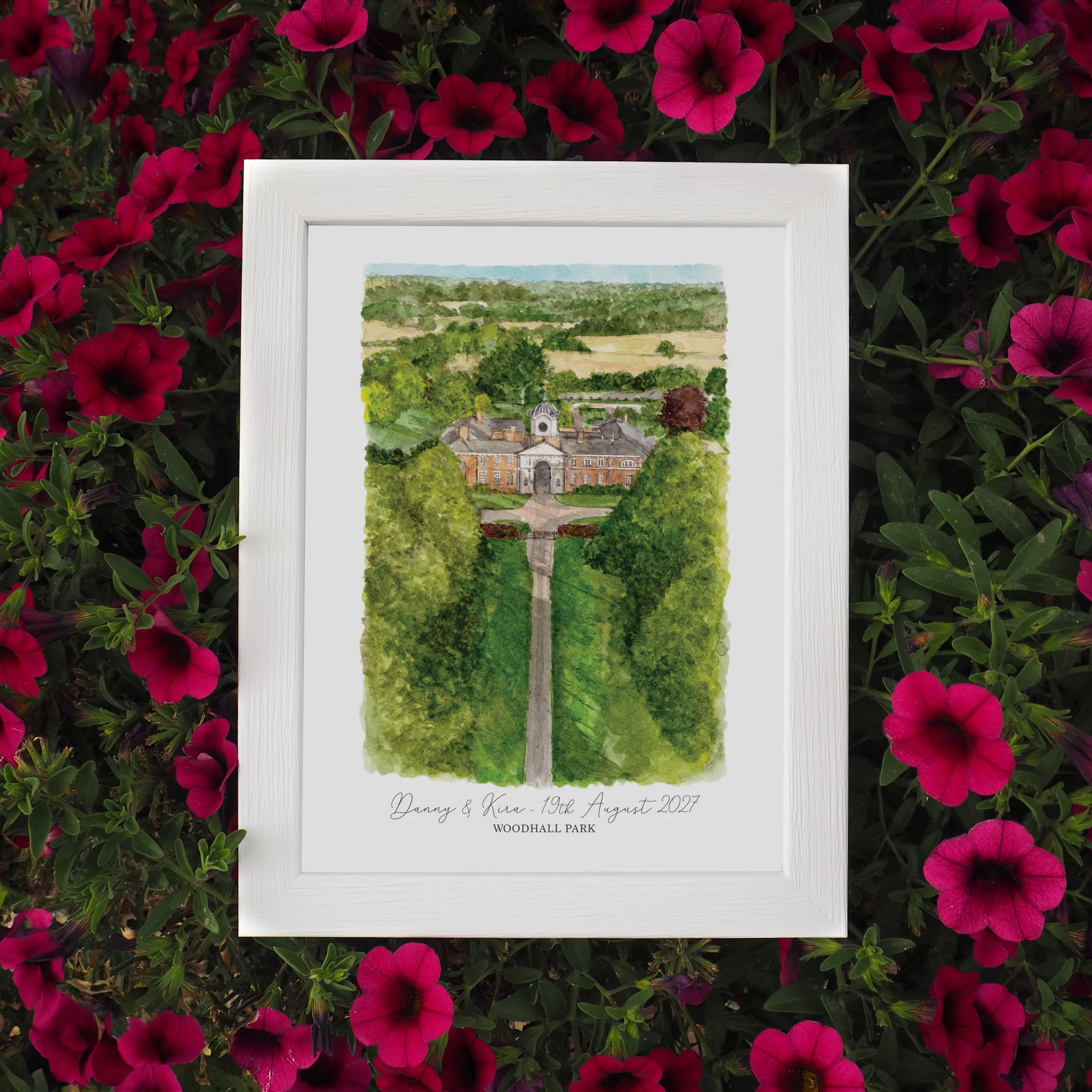 A framed personalised print of a watercolour illustration of wedding venue Woodhall Park in Hertfordshire