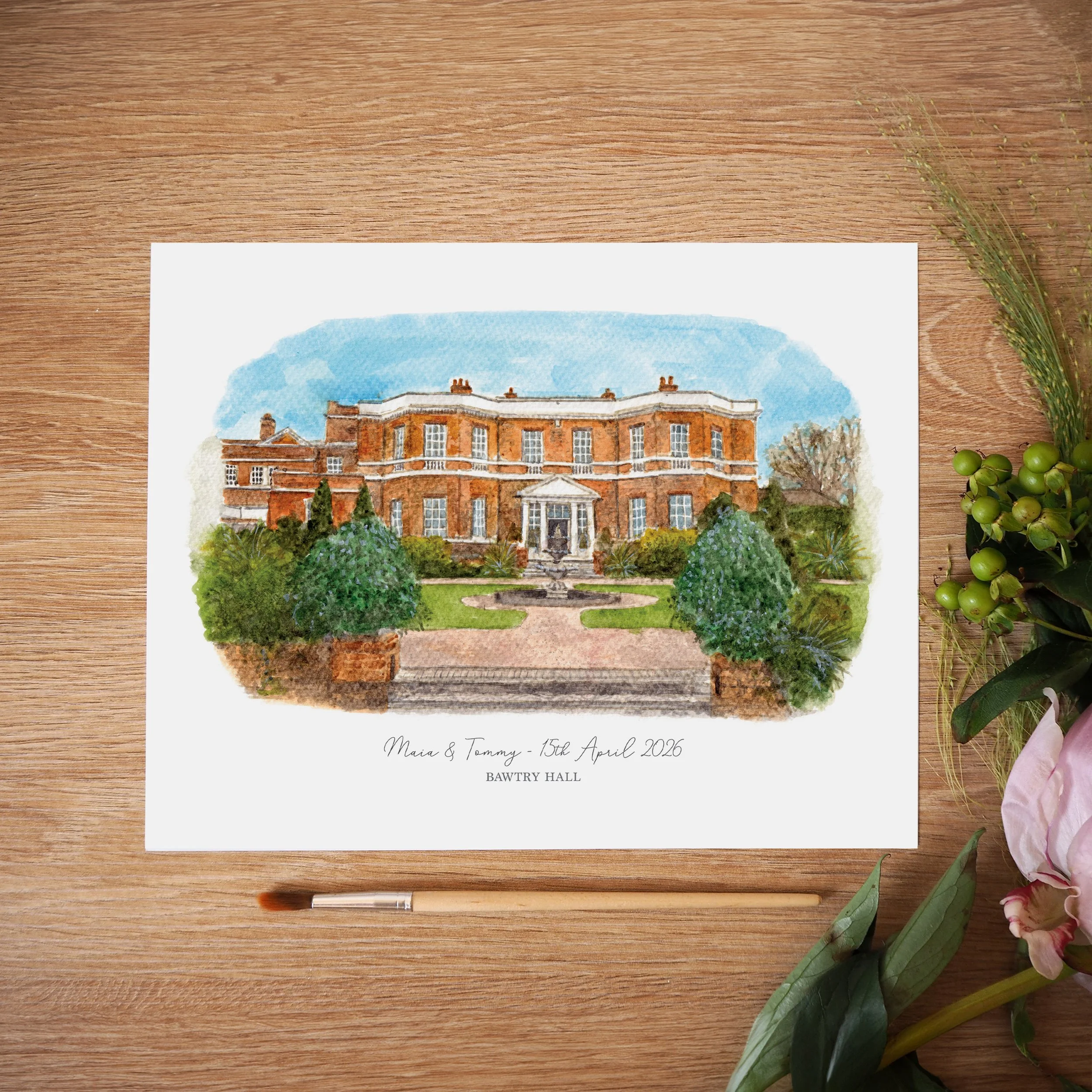 An unframed personalised print of a watercolour painting of wedding venue Bawtry Hall in Doncaster