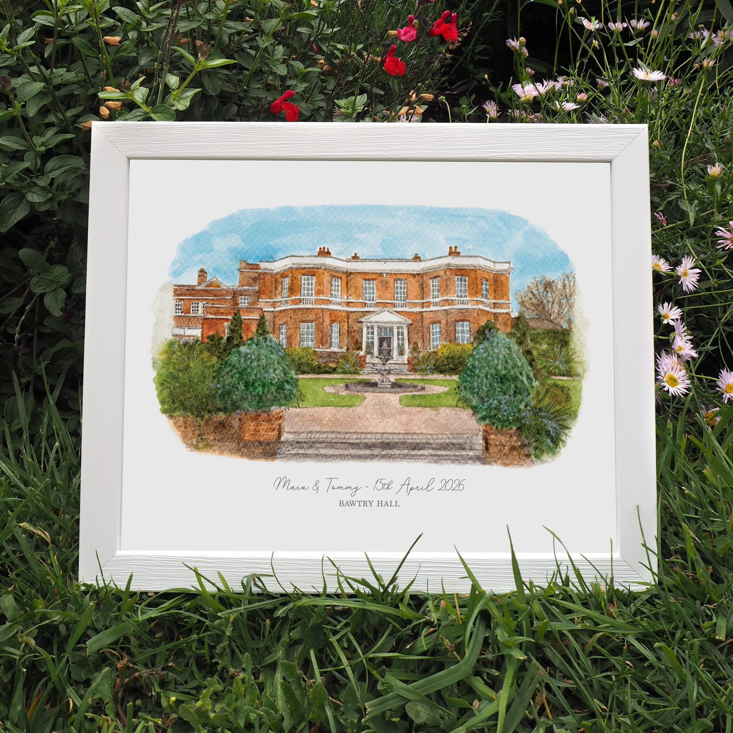 A framed personalised print of a watercolour painting of wedding venue Bawtry Hall in Doncaster