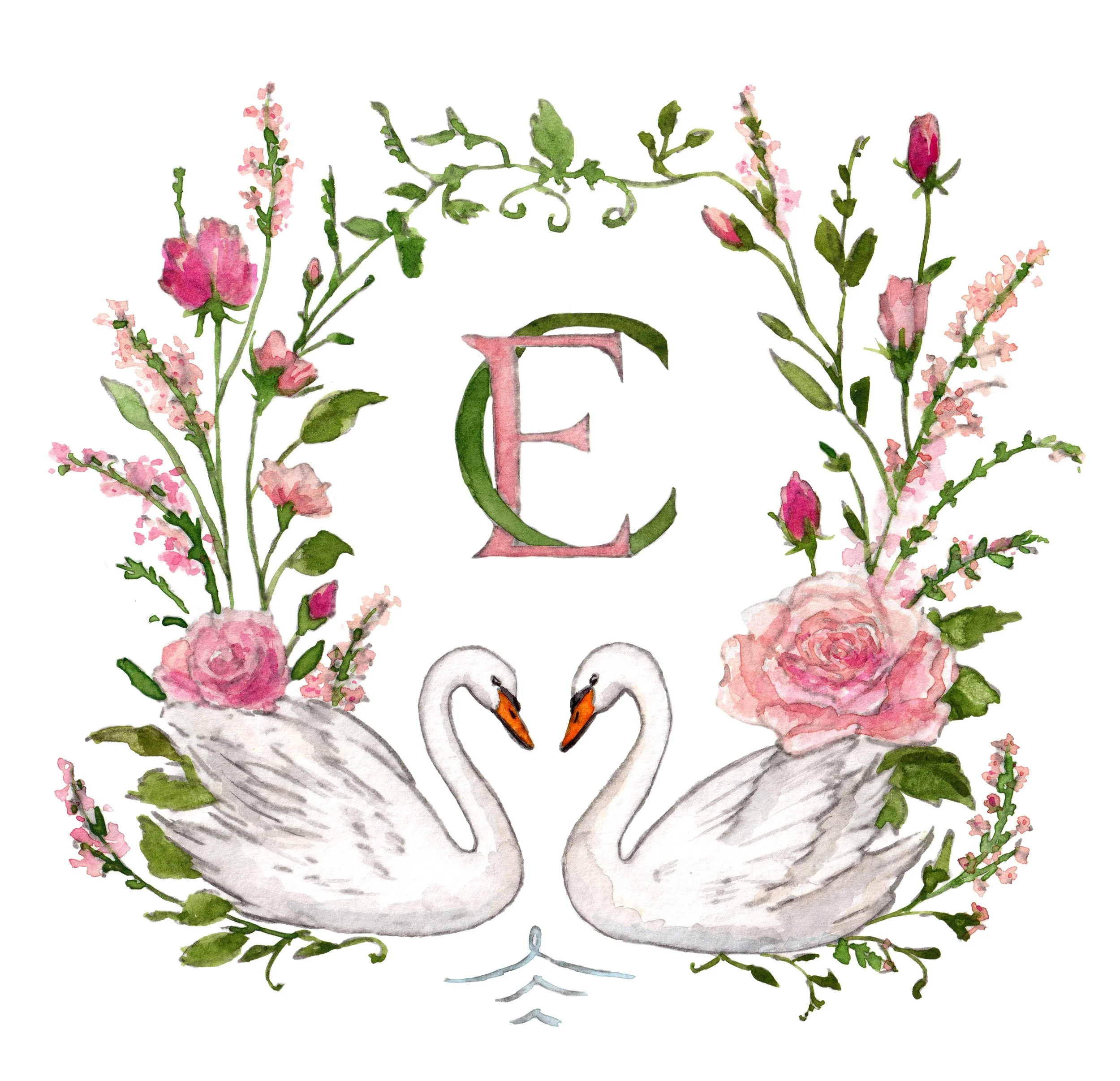 Hand-painted watercolour wedding crest. Floral wedding crest with swans.