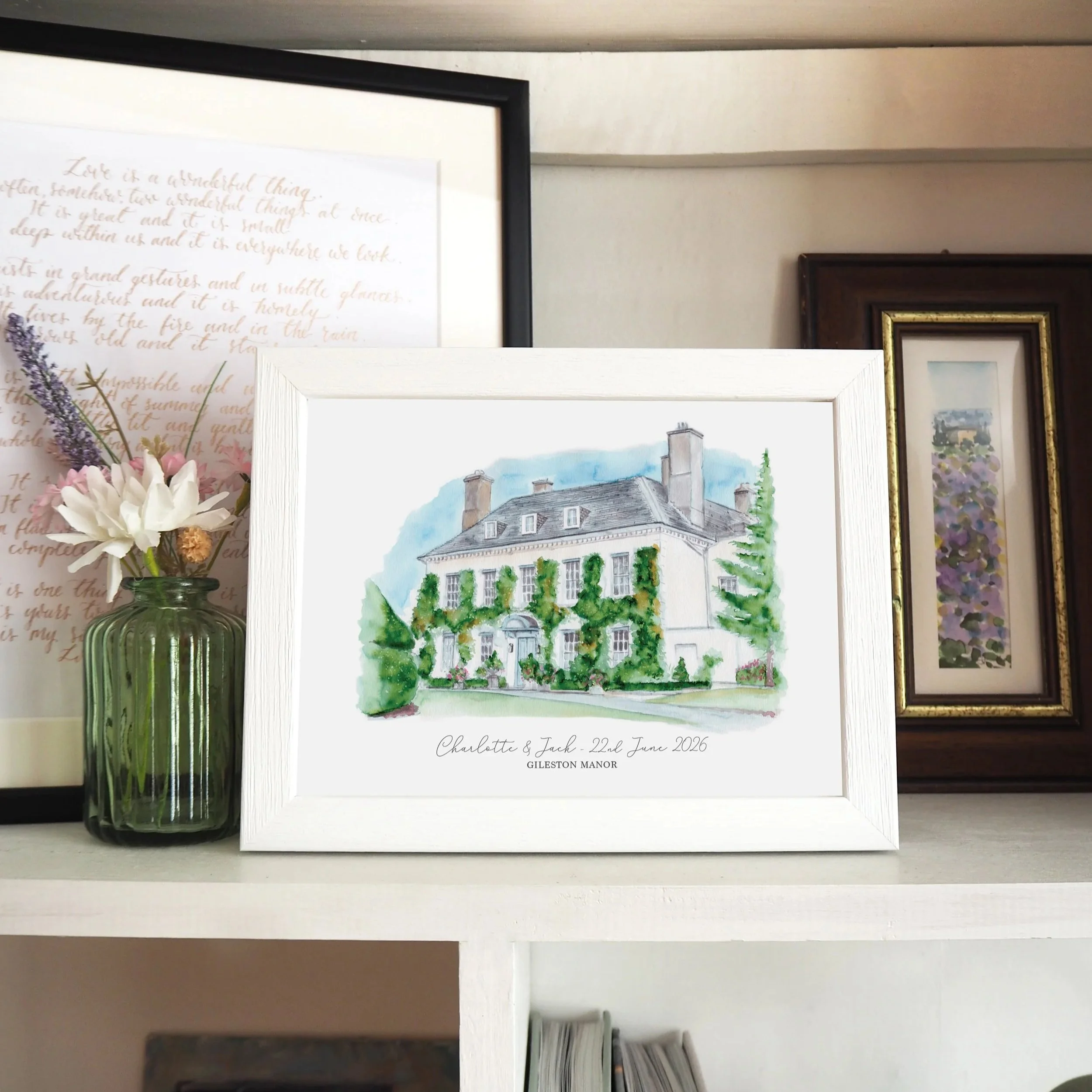 A framed personalised print of A watercolour illustration of wedding venue Gileston Manor