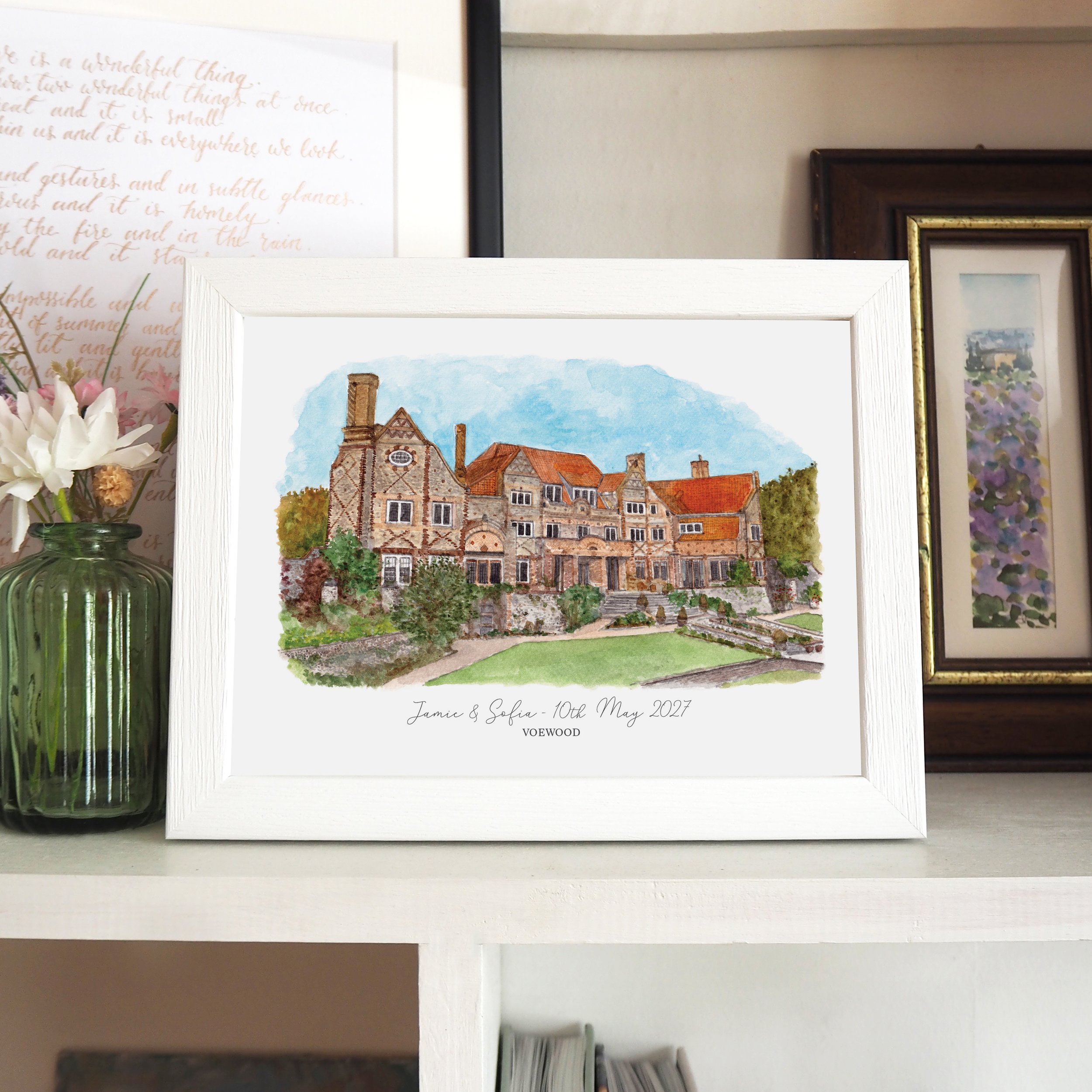 a framed personalised print of a watercolour painting of wedding venue Voewood