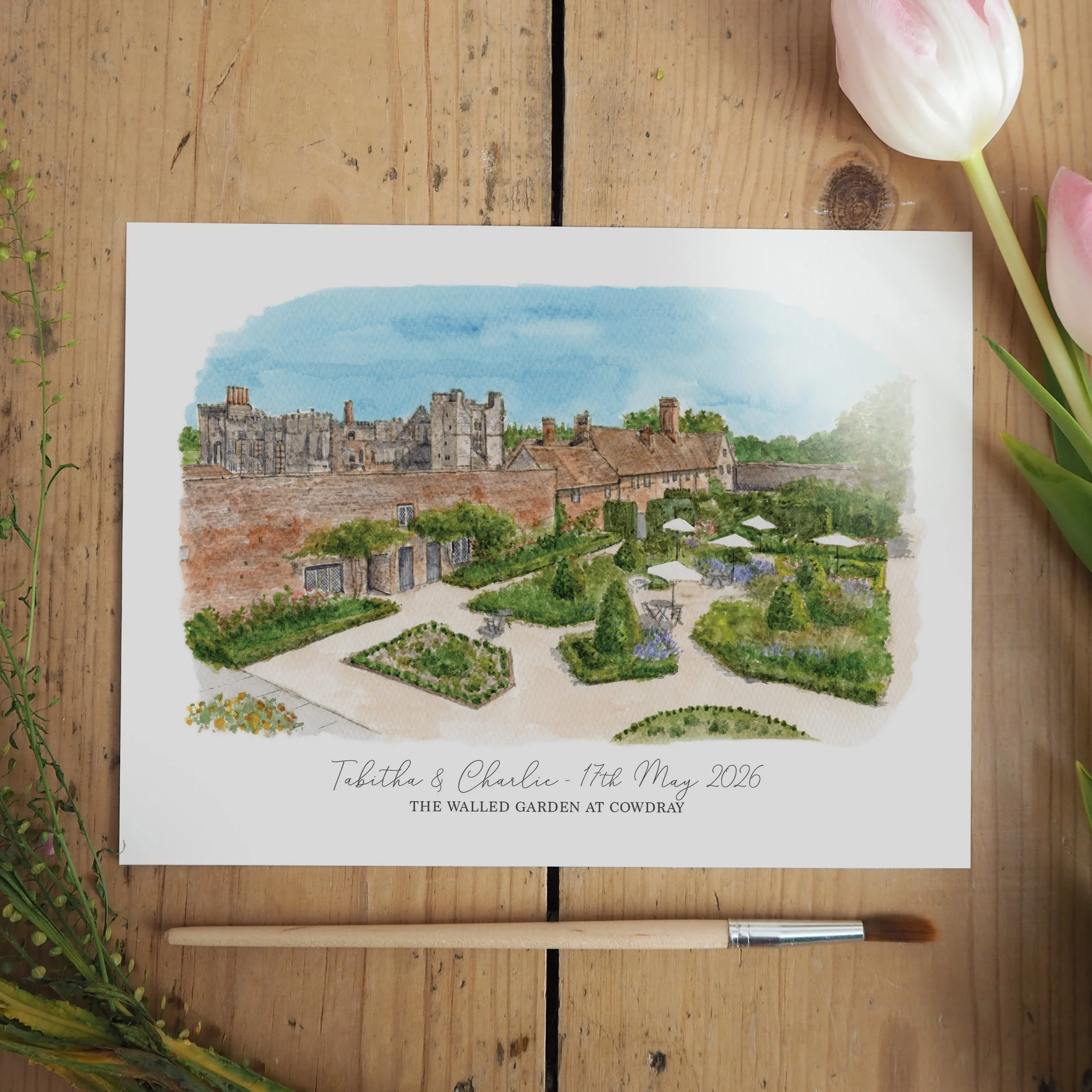 An unframed personalised print of a watercolour illustration of wedding venue The Walled Garden at Cowdray