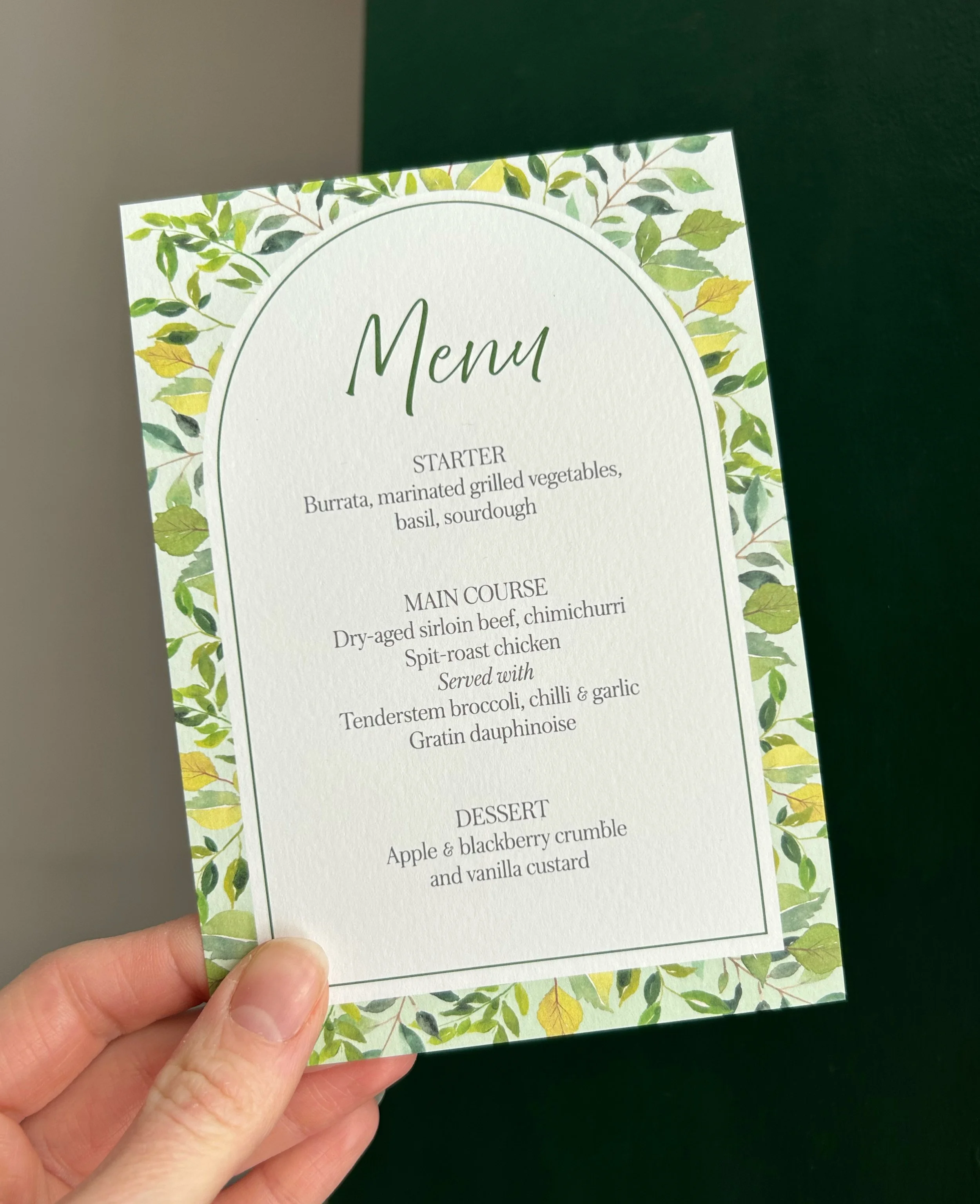 wedding Menu card with green floral arch design