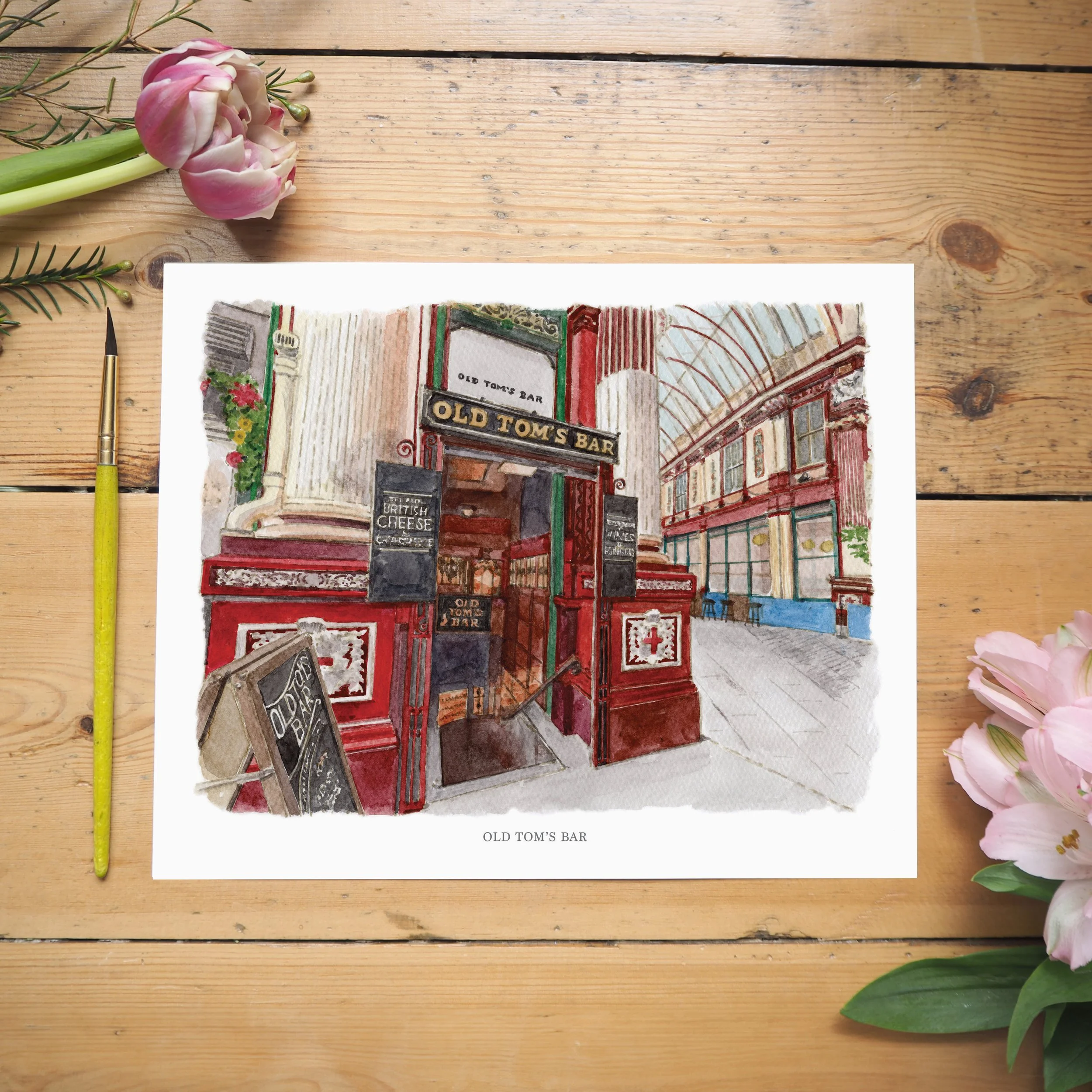 An unframed personalised print of a watercolour illustration of Old Tom's Bar, Leadenhall Market, London