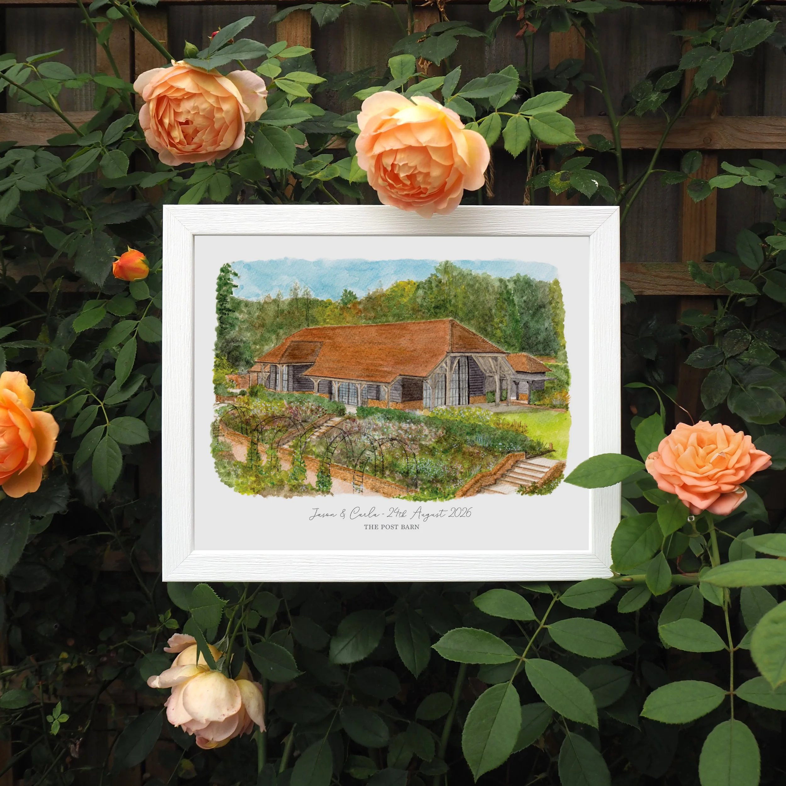 A framed personalised print of a watercolour painting of wedding venue The Post Barn